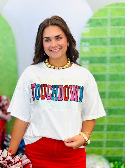 Glitter Touchdown White Graphic Tee (Reg. and Plus)