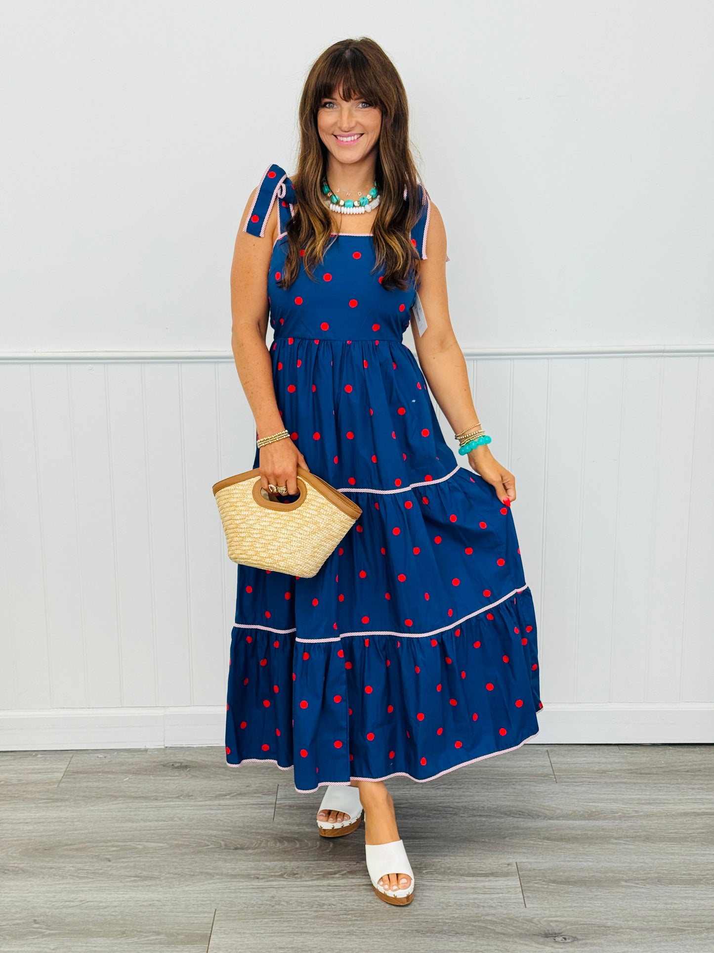 Navy/Red Polka Dot Tiered Maxi Dress (Reg.)