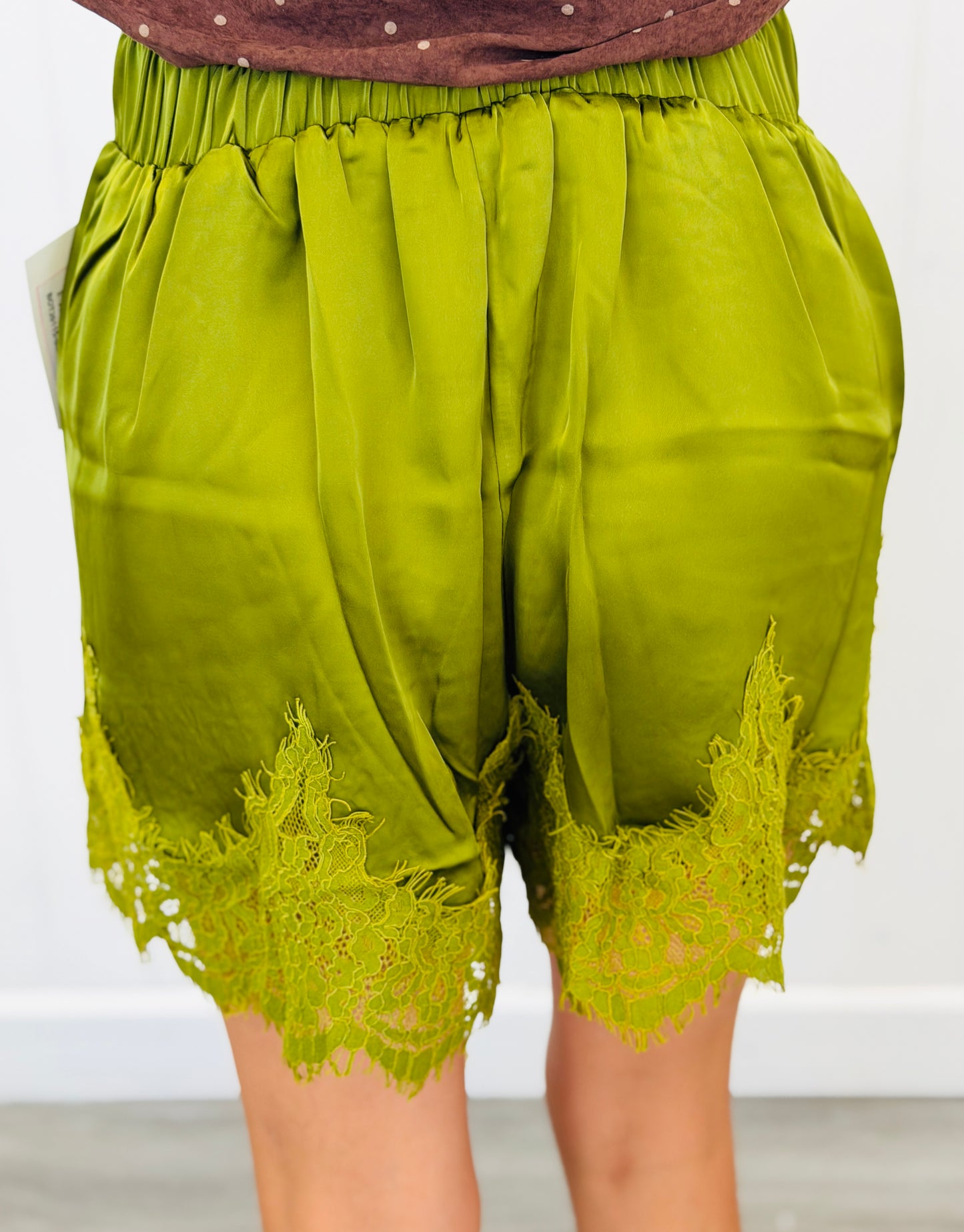 Olive Satin Lace Trim Shorts ( Reg.)