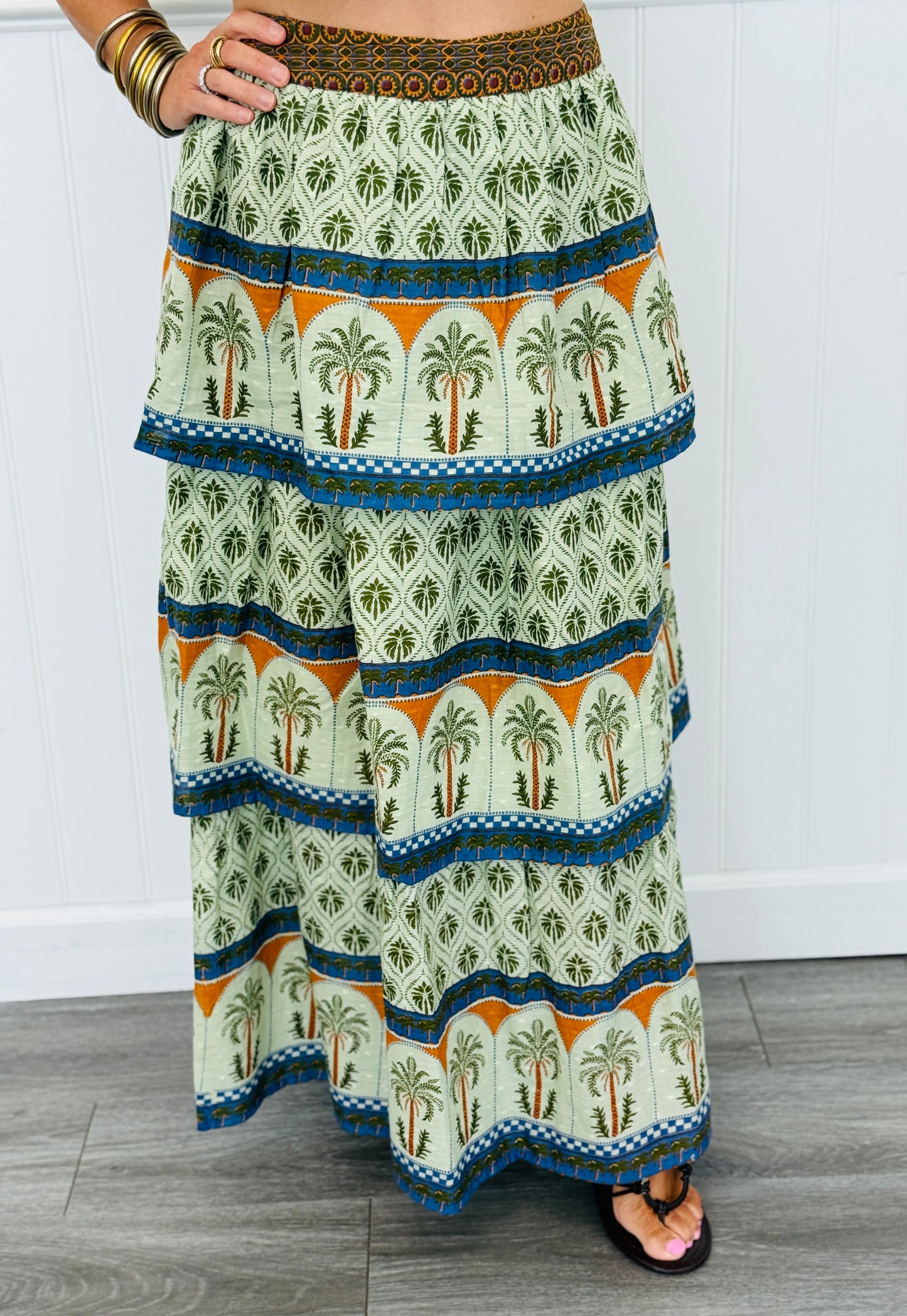 POL Sage Multi Palm & Border Print Maxi Skirt (Reg.)