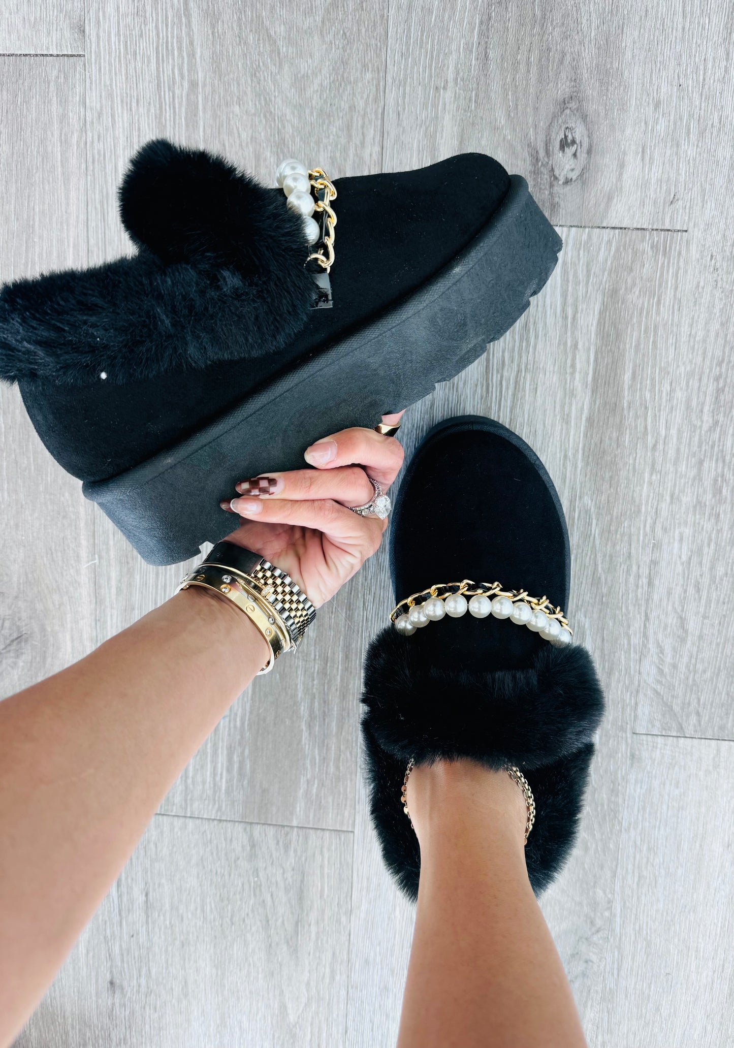 Black Pearl Faux Fur Platform Booties