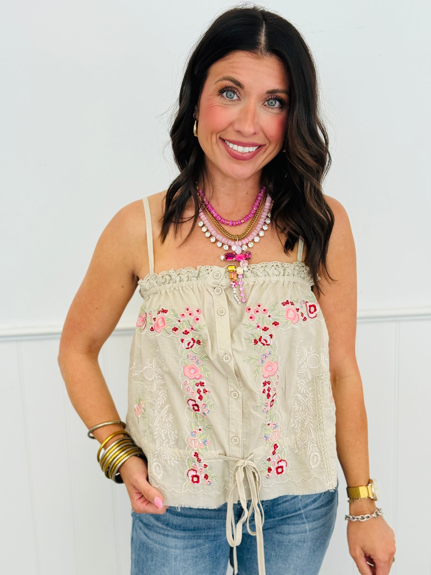 POL Taupe Embroidered Floral Cami Top (Reg.)