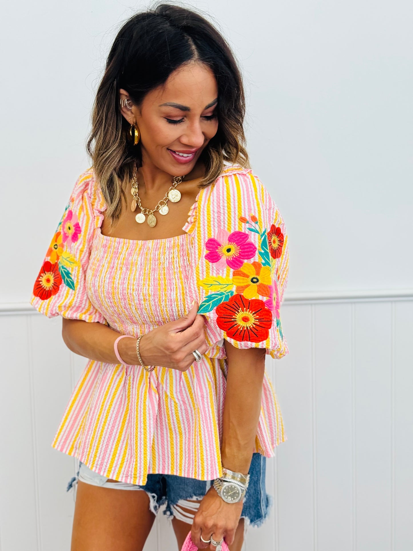 Pink Textured Striped & Floral Detailed Top (Reg. and Plus)