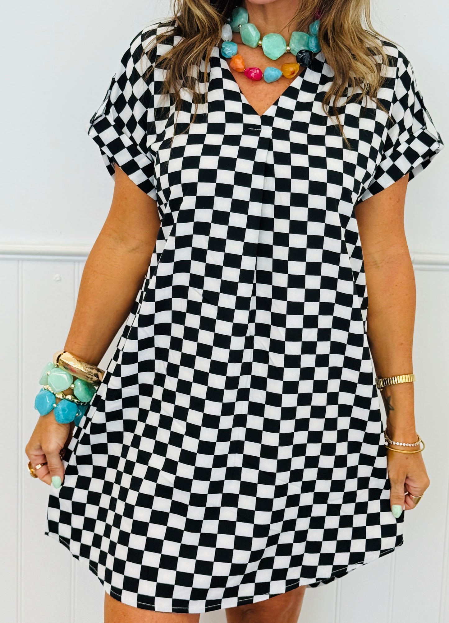 Black Checkered High Low Mini Dress (Reg.)