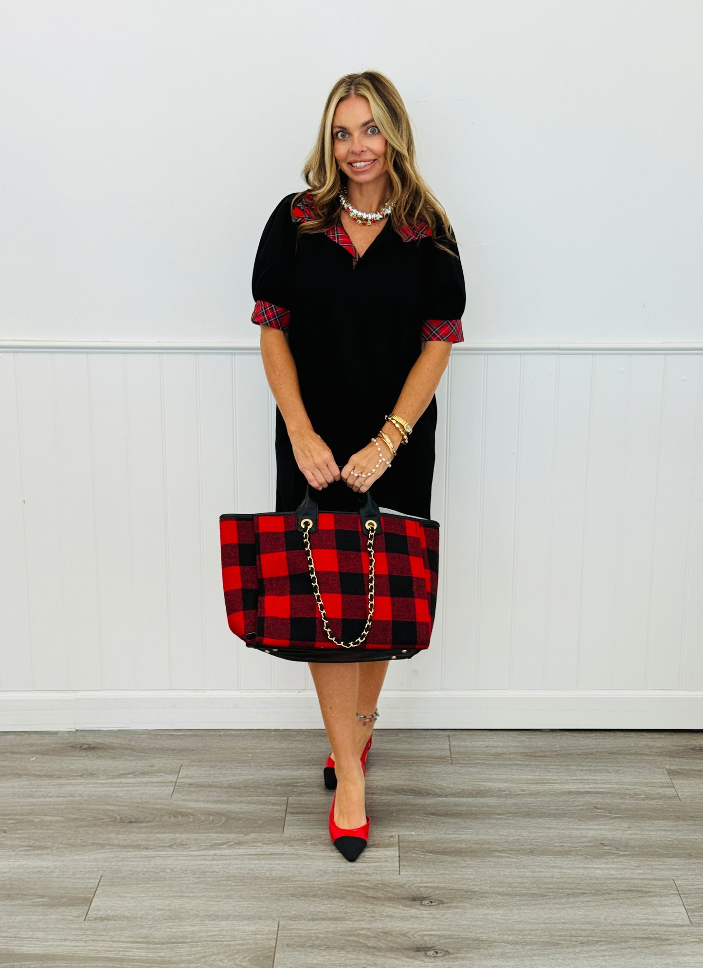Black Plaid Trim Mini Dress (Reg. and Plus)