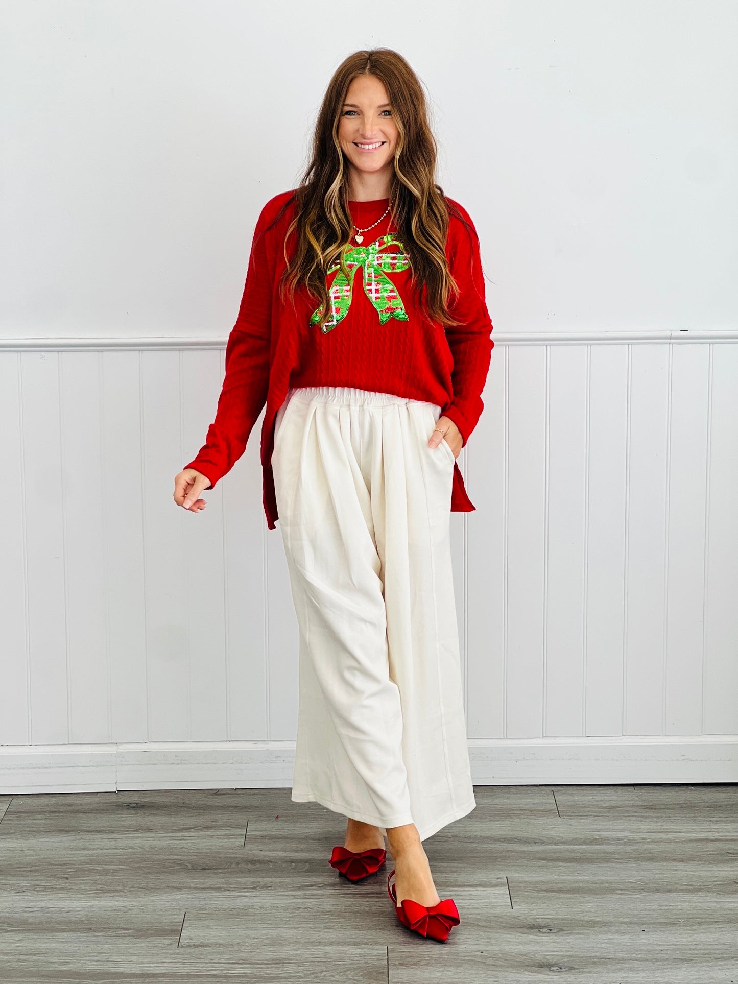 Christmas Sequin Bow Long Sleeve Top (Reg. and Plus)