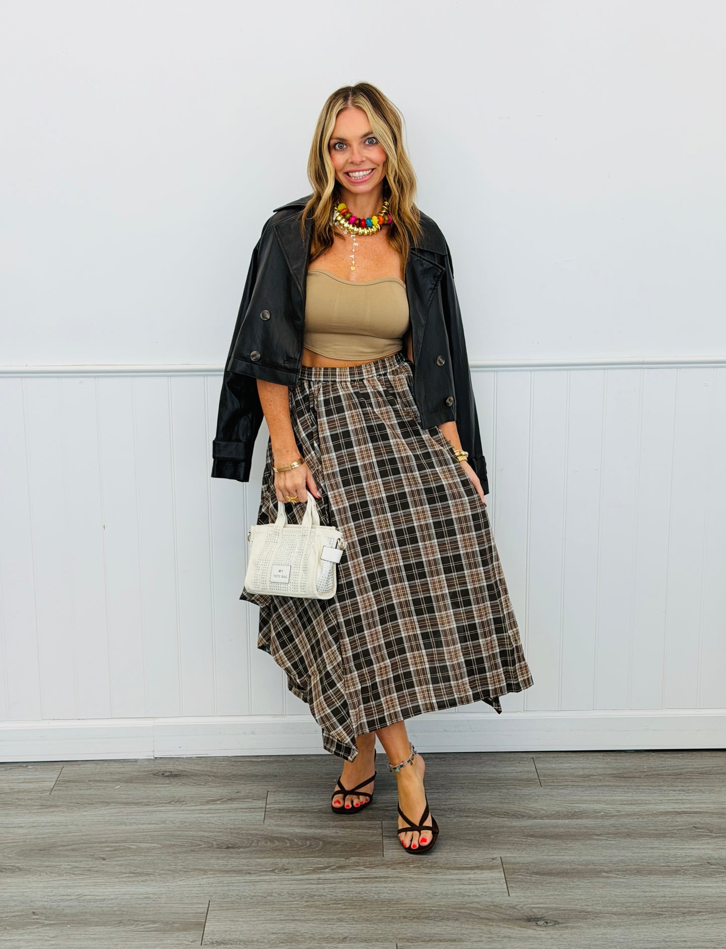 Brown Plaid Handkerchief Hem Midi Skirt (Reg.)