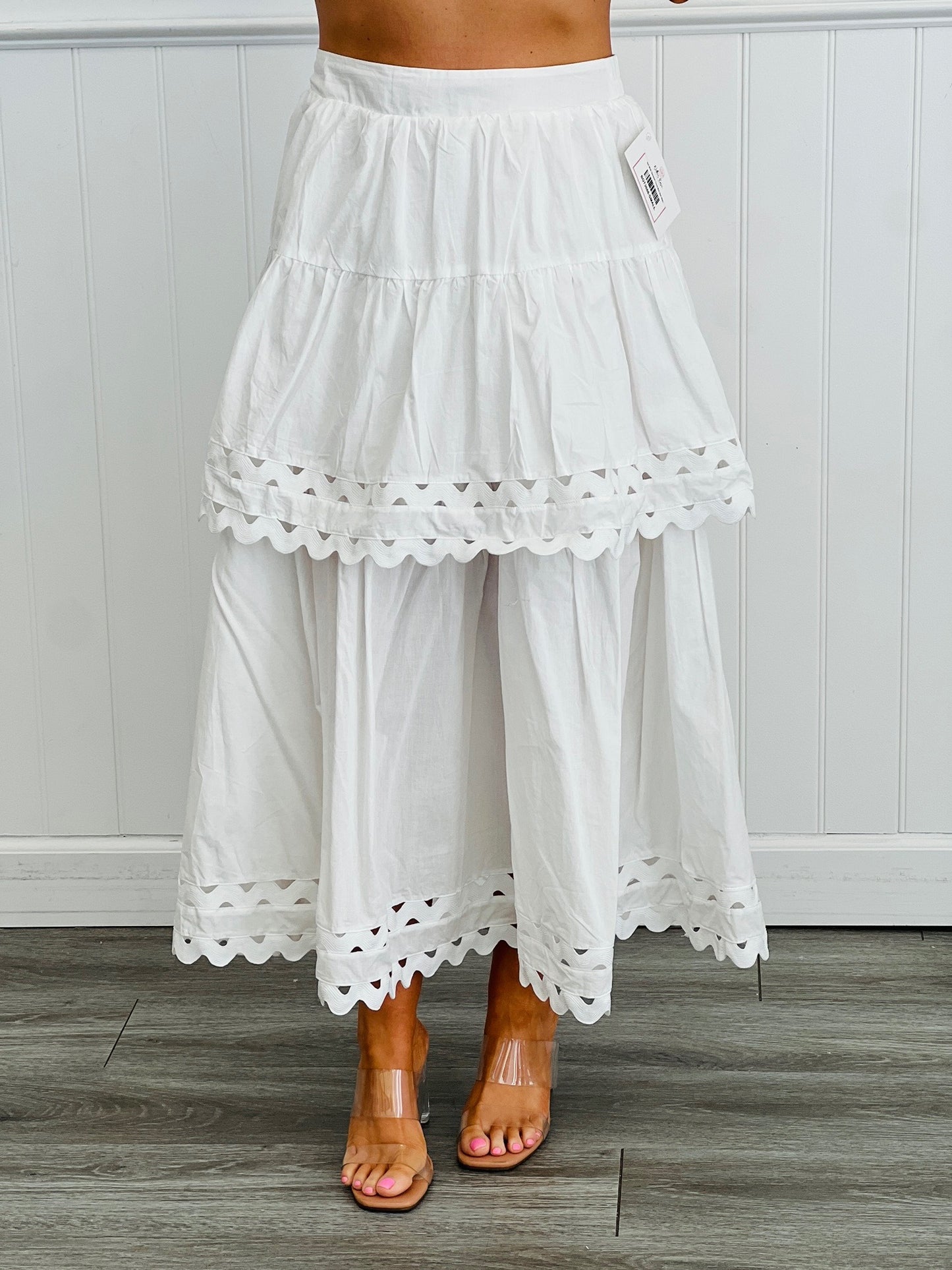 Soft White Openwork Tiered Maxi Skirt (Reg.)