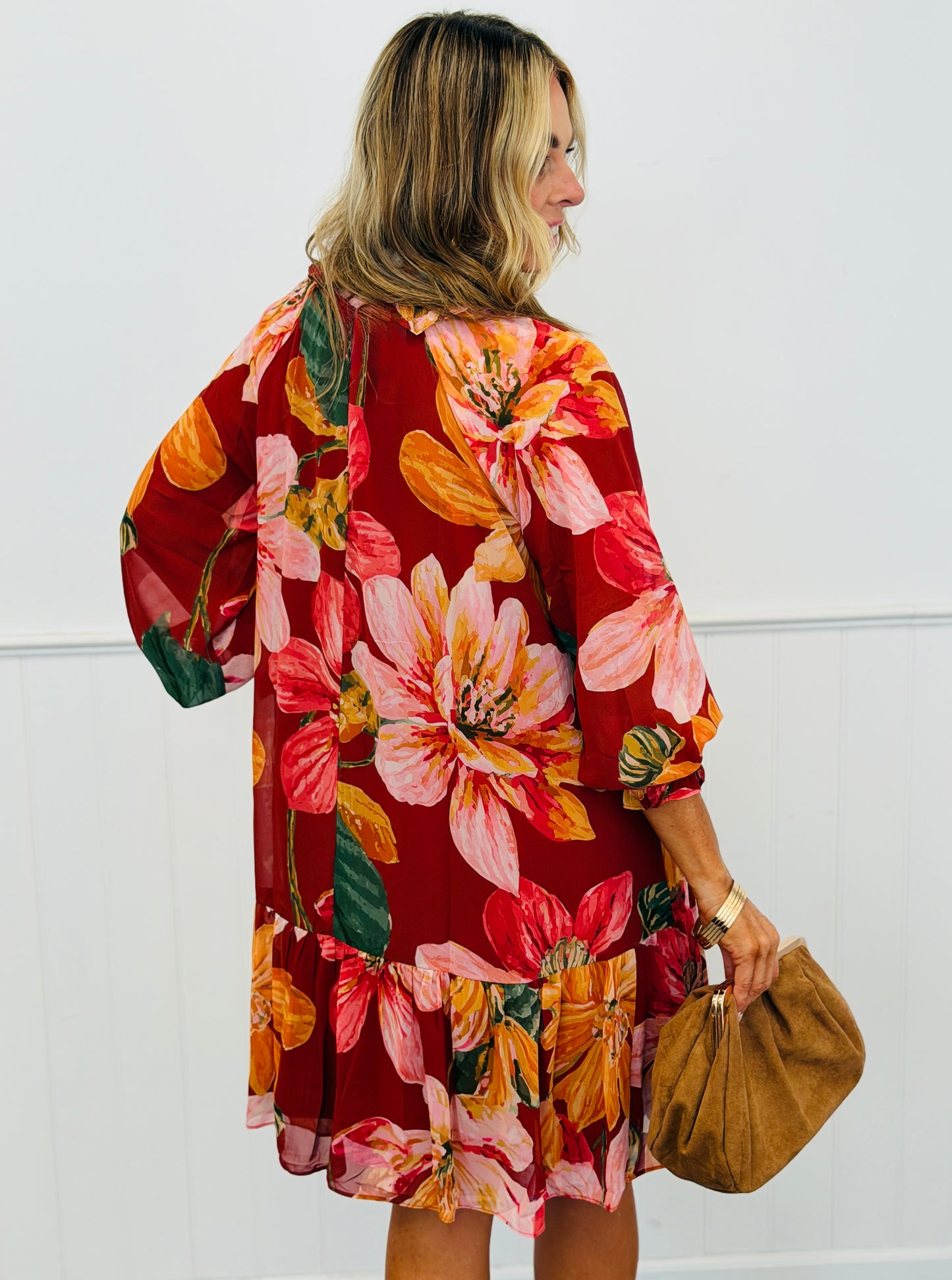 Red Multi Floral Sheer Mini Dress (Reg. and Plus)