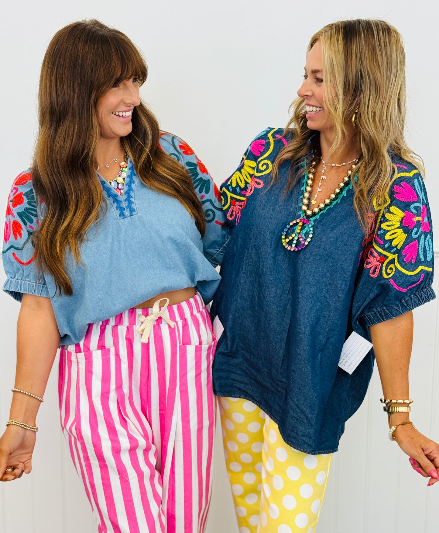Denim Puff Sleeve Embroidered Top (Reg & Plus) - 2 Colors