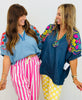 Denim Puff Sleeve Embroidered Top (Reg & Plus) - 2 Colors