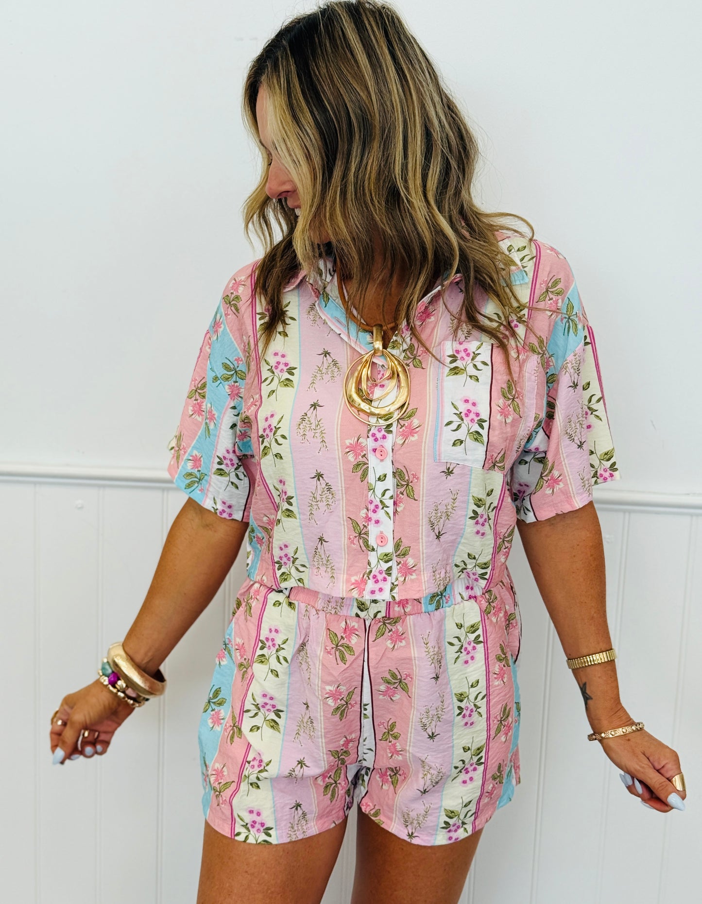 Pink Floral Print Top & Shorts Set (Reg.)