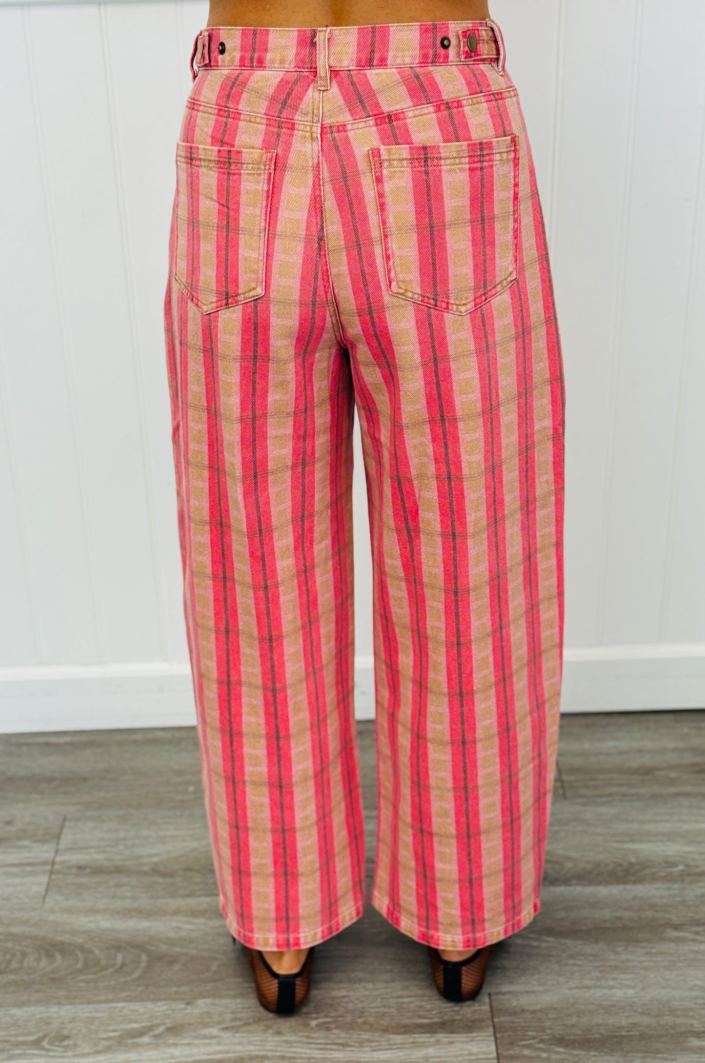 Pink Combo Plaid Print Washed Barrel Pants (Reg.)