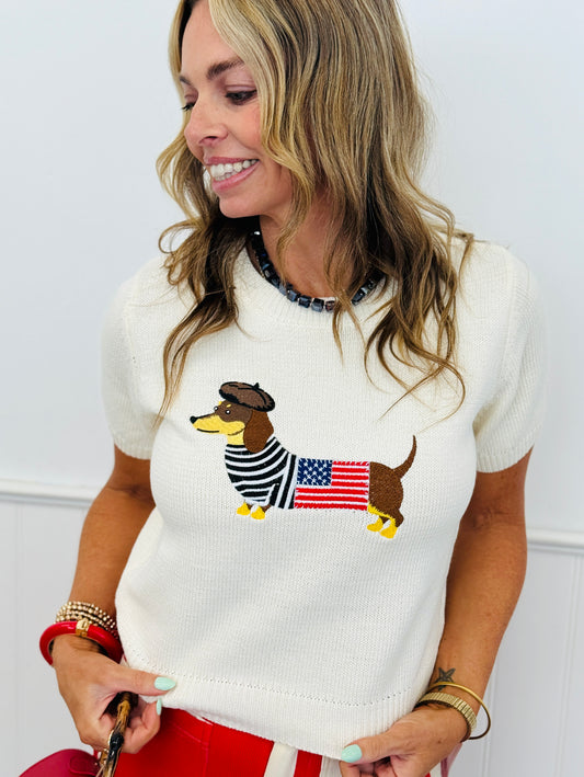 Ivory Embroidered French Dachshund Sweater Top (Reg.)