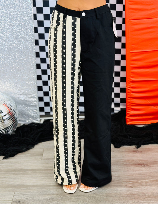 Black Dot Stripe/Solid Mix Wide Leg Pants (Reg & Plus)