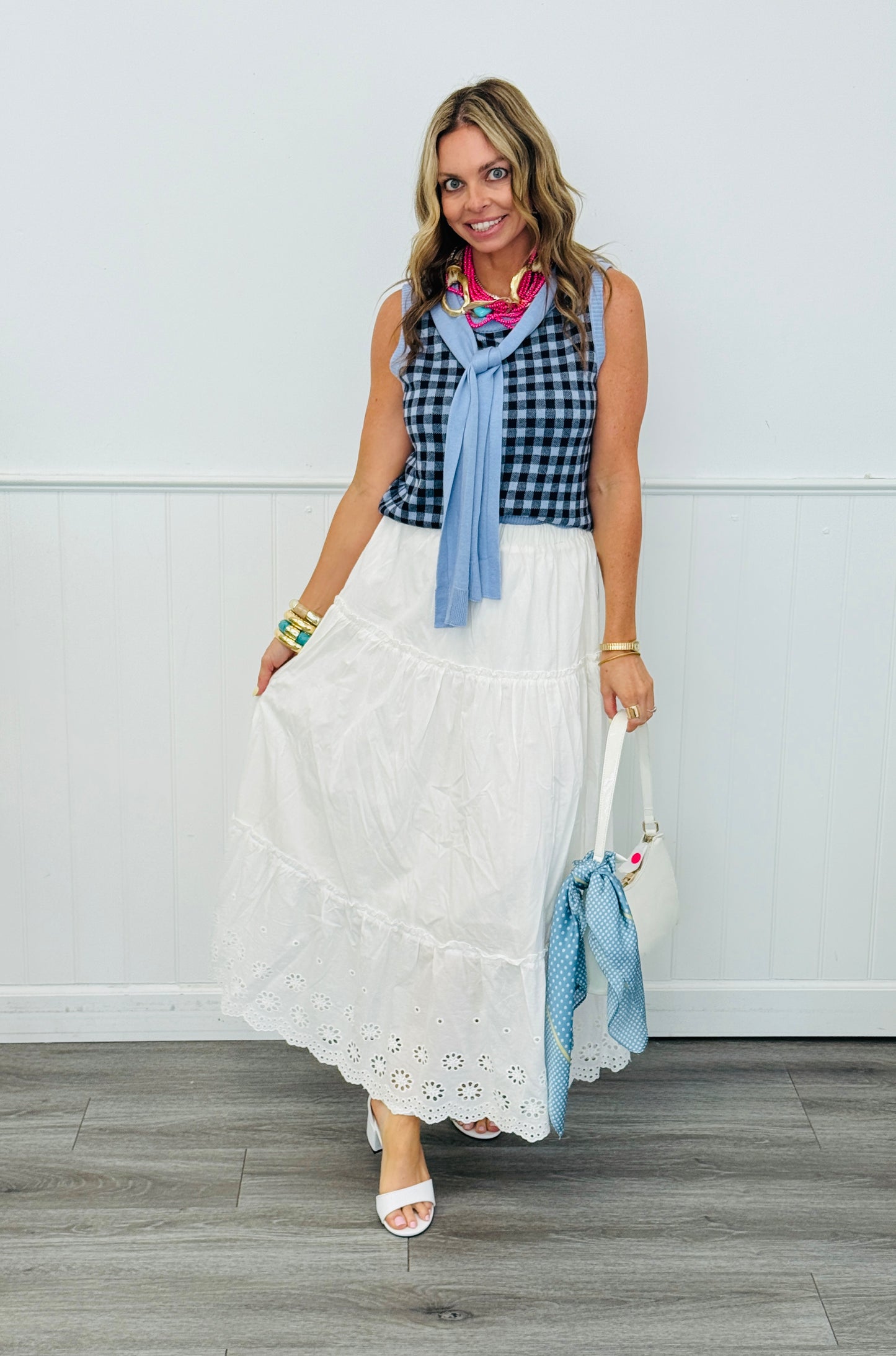 Navy Gingham Faux Sweater Sleeveless Top (Reg.)