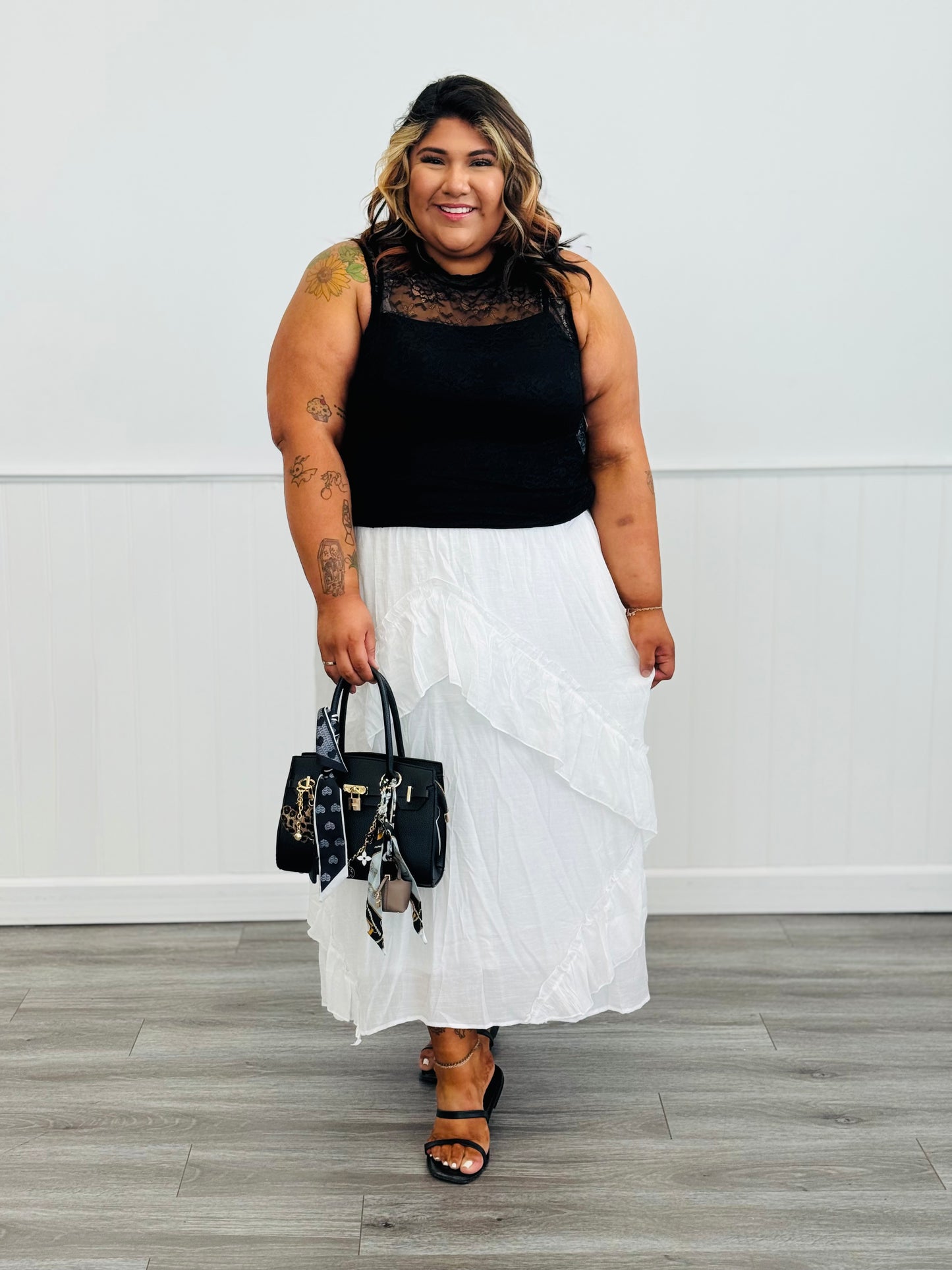 Ivory Layered Asymmetric Ruffle Maxi Skirt (Reg & Plus)
