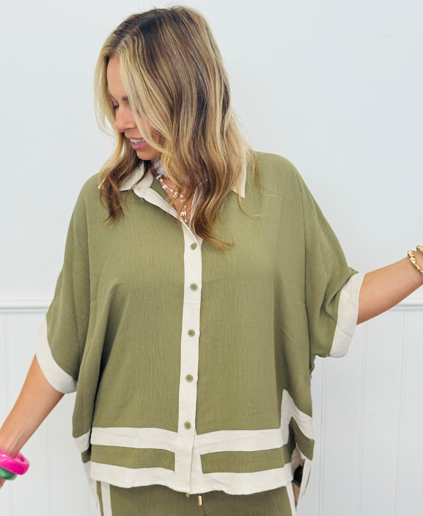 Olive Contrast Stripe Shirt & Pants Set (Reg & Plus)