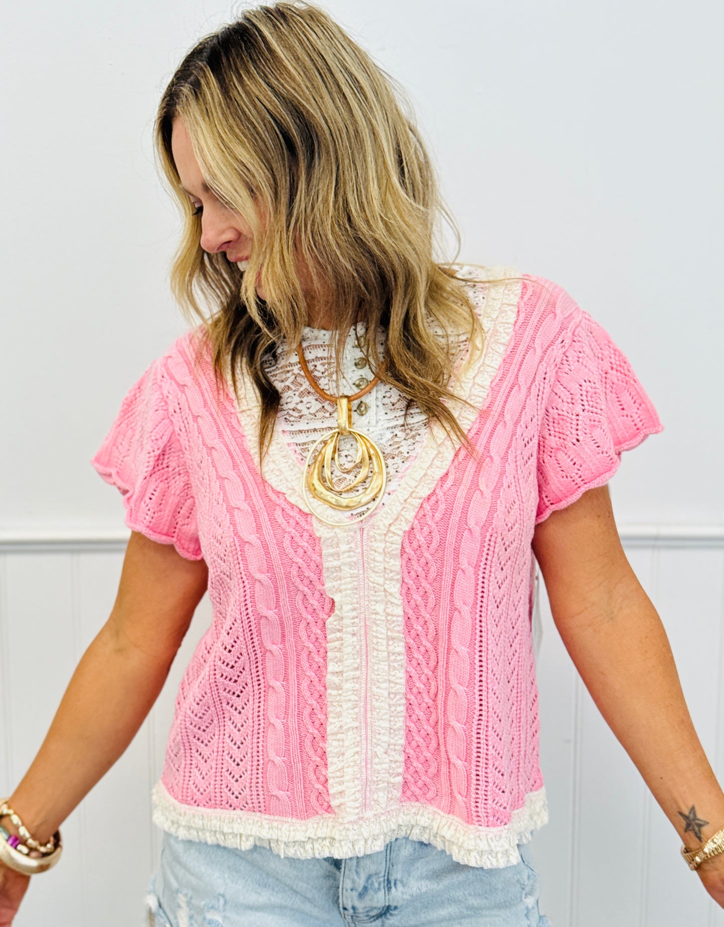 POL Peony Pink Lace Trim Sweater Top (Reg.)