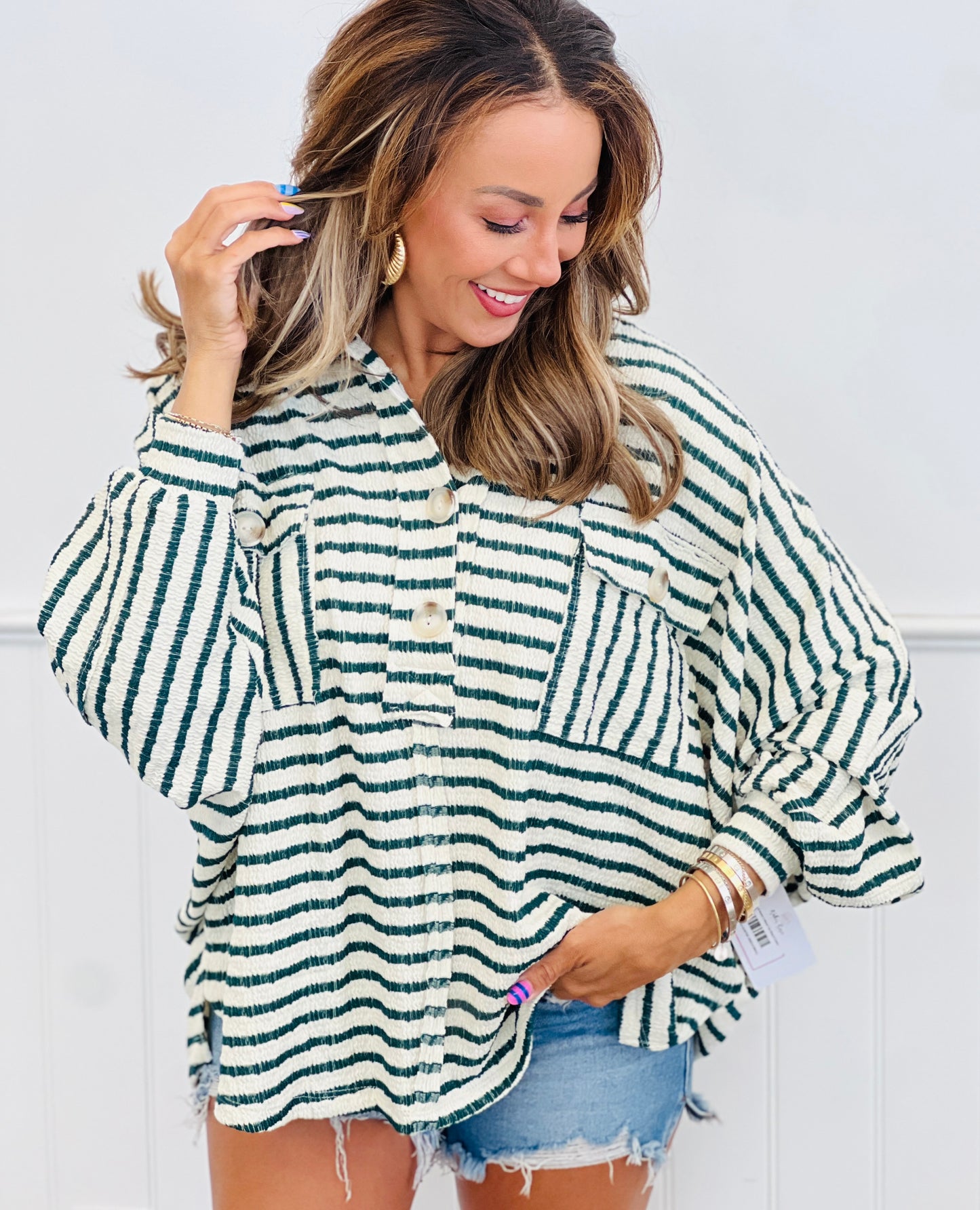 Striped Henley Collared Top (Reg.)-4 Colors