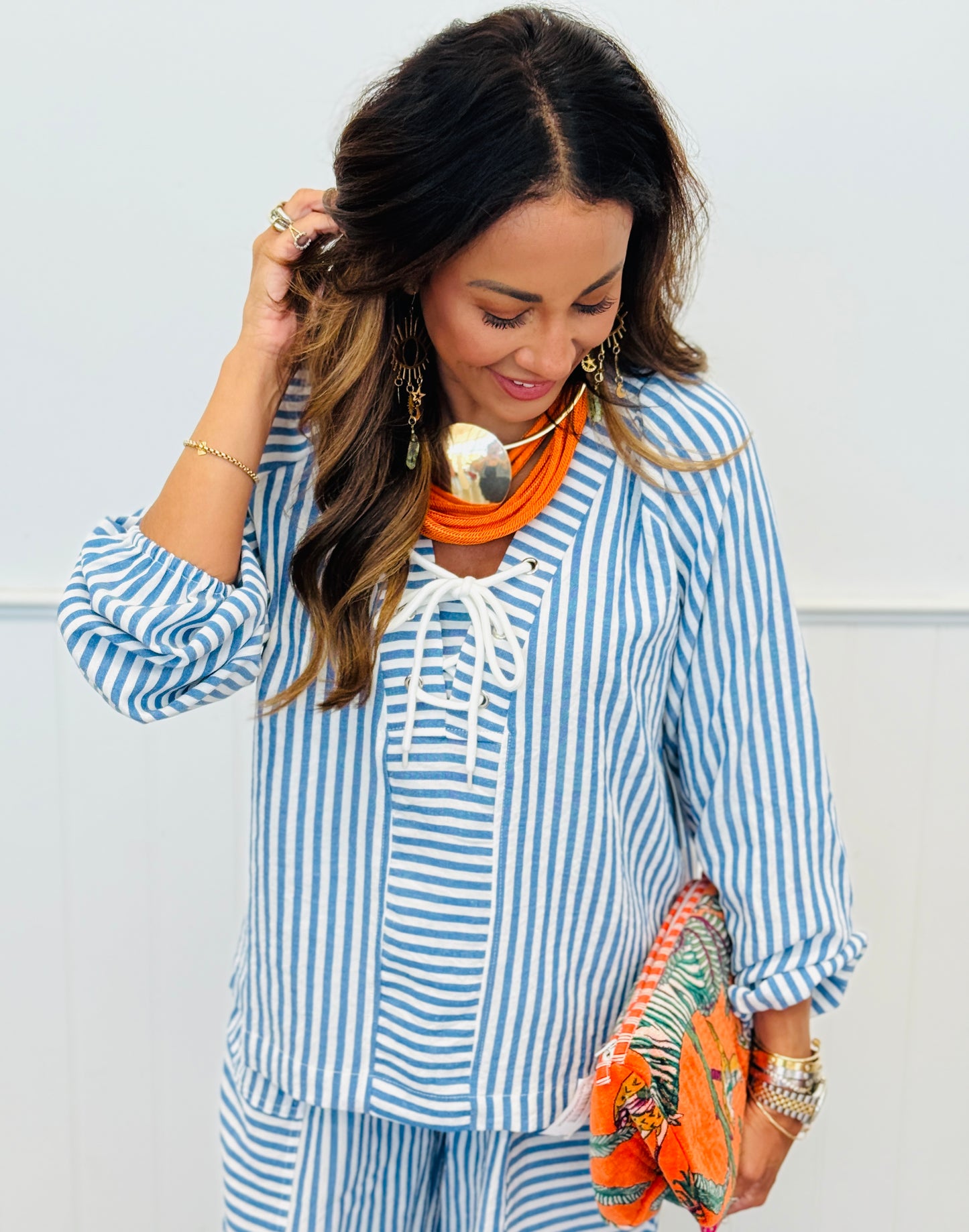 Blue Striped Lace Detail Top (Reg. and Plus)