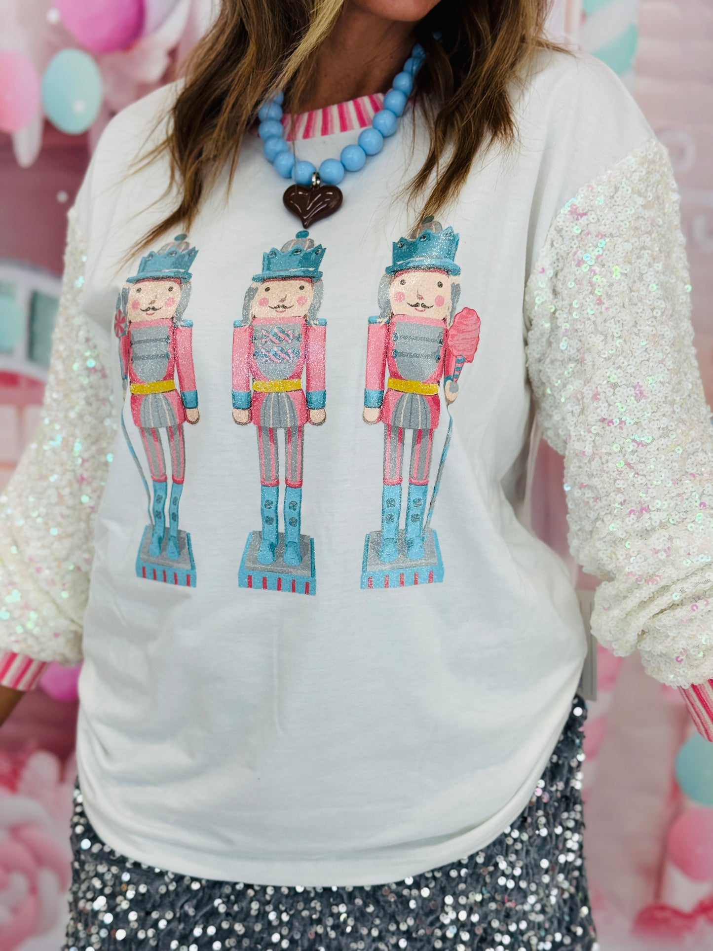White Glitter Nutcracker Sequin LS Top (Reg. and Plus)