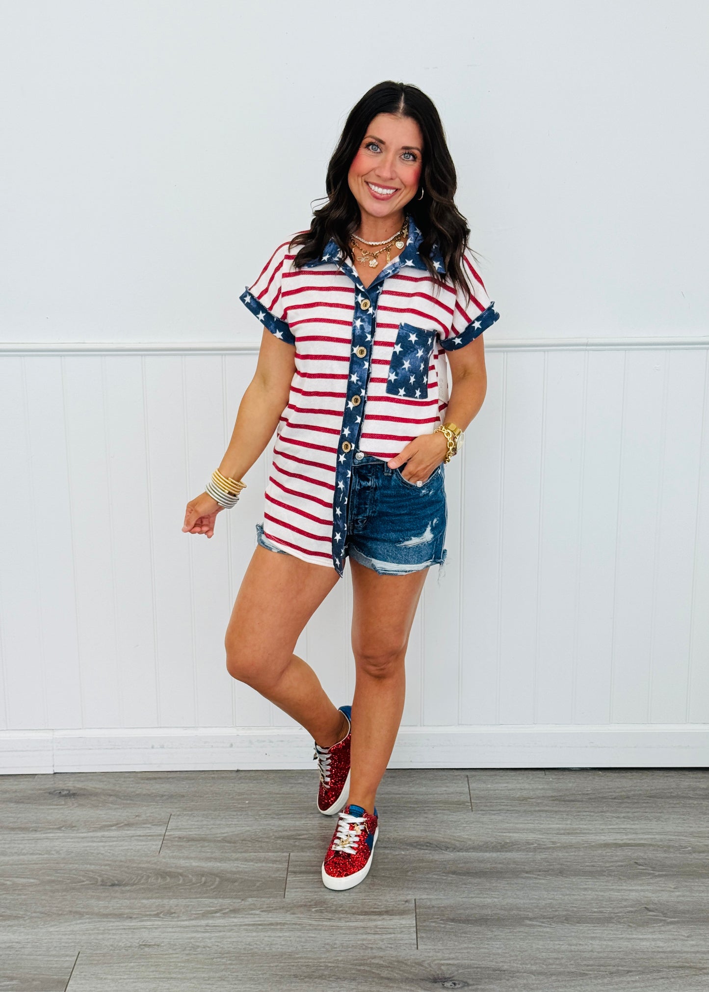 Off White/Red Stars & Stripes Top (Reg & Plus)