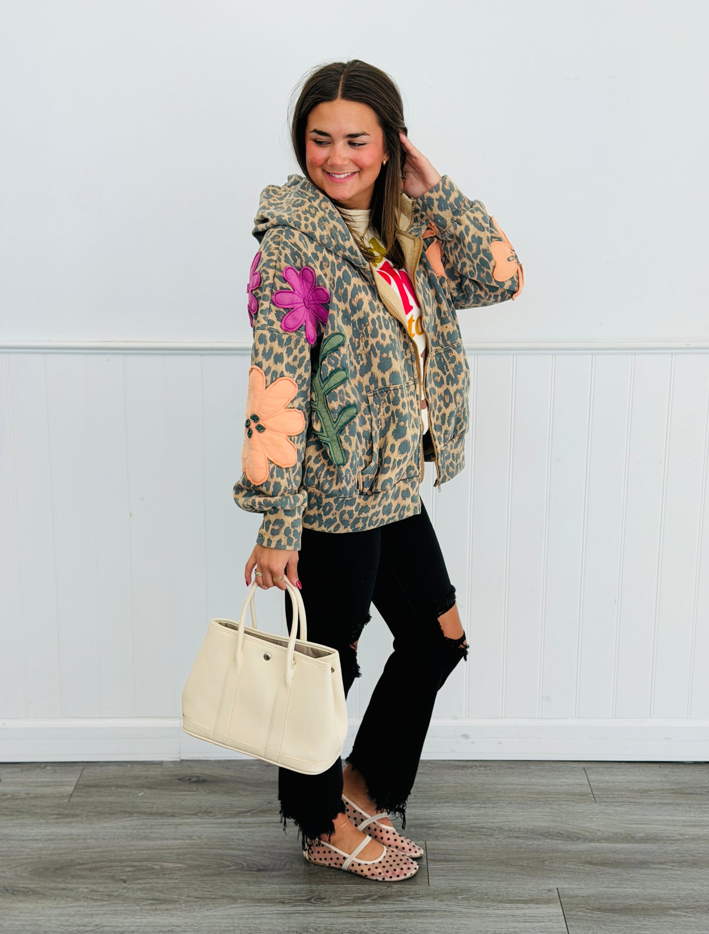 Leopard Bloom Patch Hoodie Cardigan (Reg.)