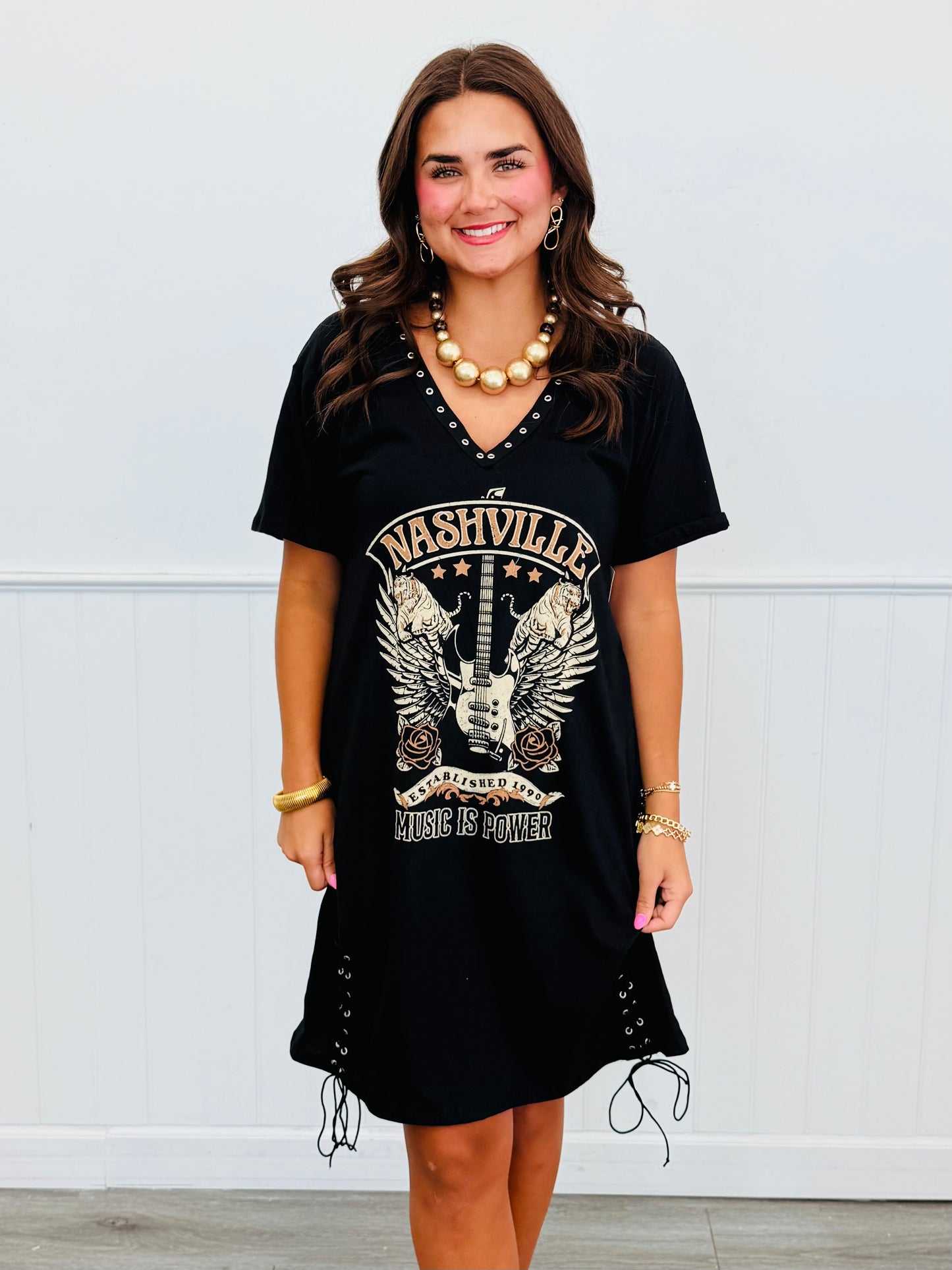 Music Is Power Eyelet Detail Mini Shirt Dress (Reg. and Plus)