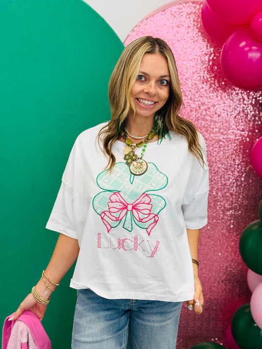 White Embroidered Lace Lucky Clover Tee (Reg.)