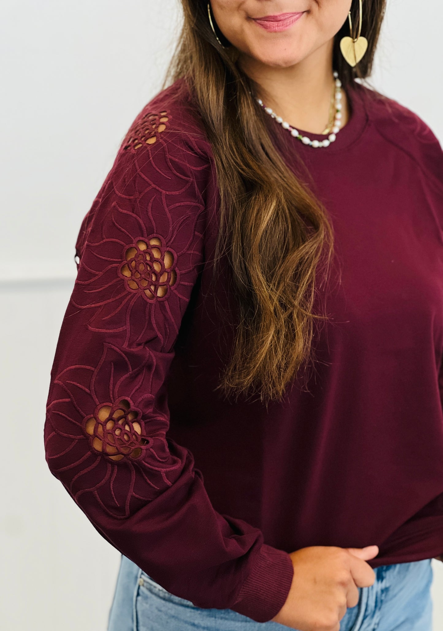 Plum Embroidered Laser Cut Sweatshirt (Reg & Plus)