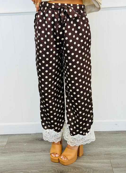 Brown/Cream Silk Satin Polka Dot Pants (Reg & Plus)
