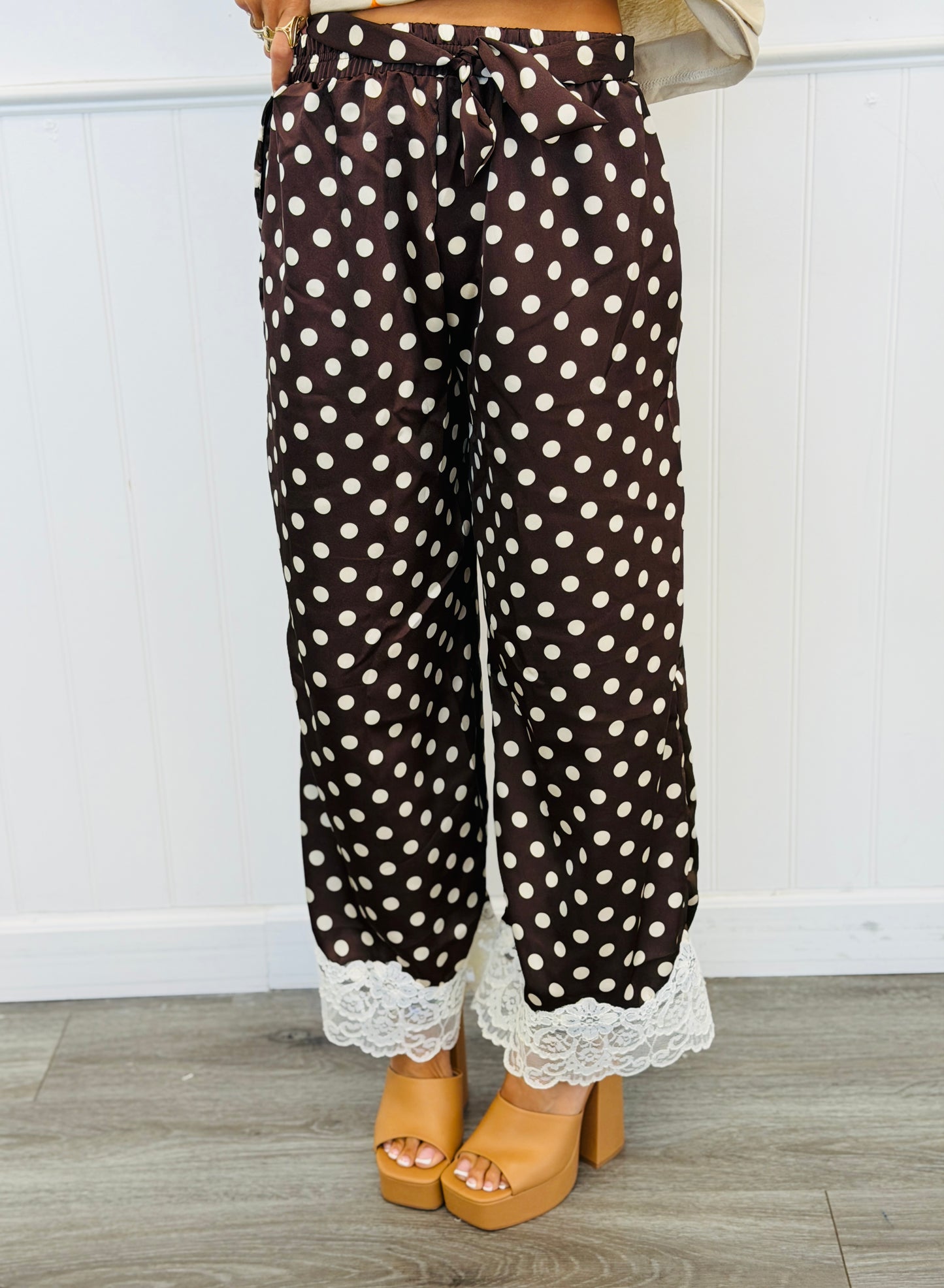 Brown/Cream Silk Satin Polka Dot Pants (Reg & Plus)