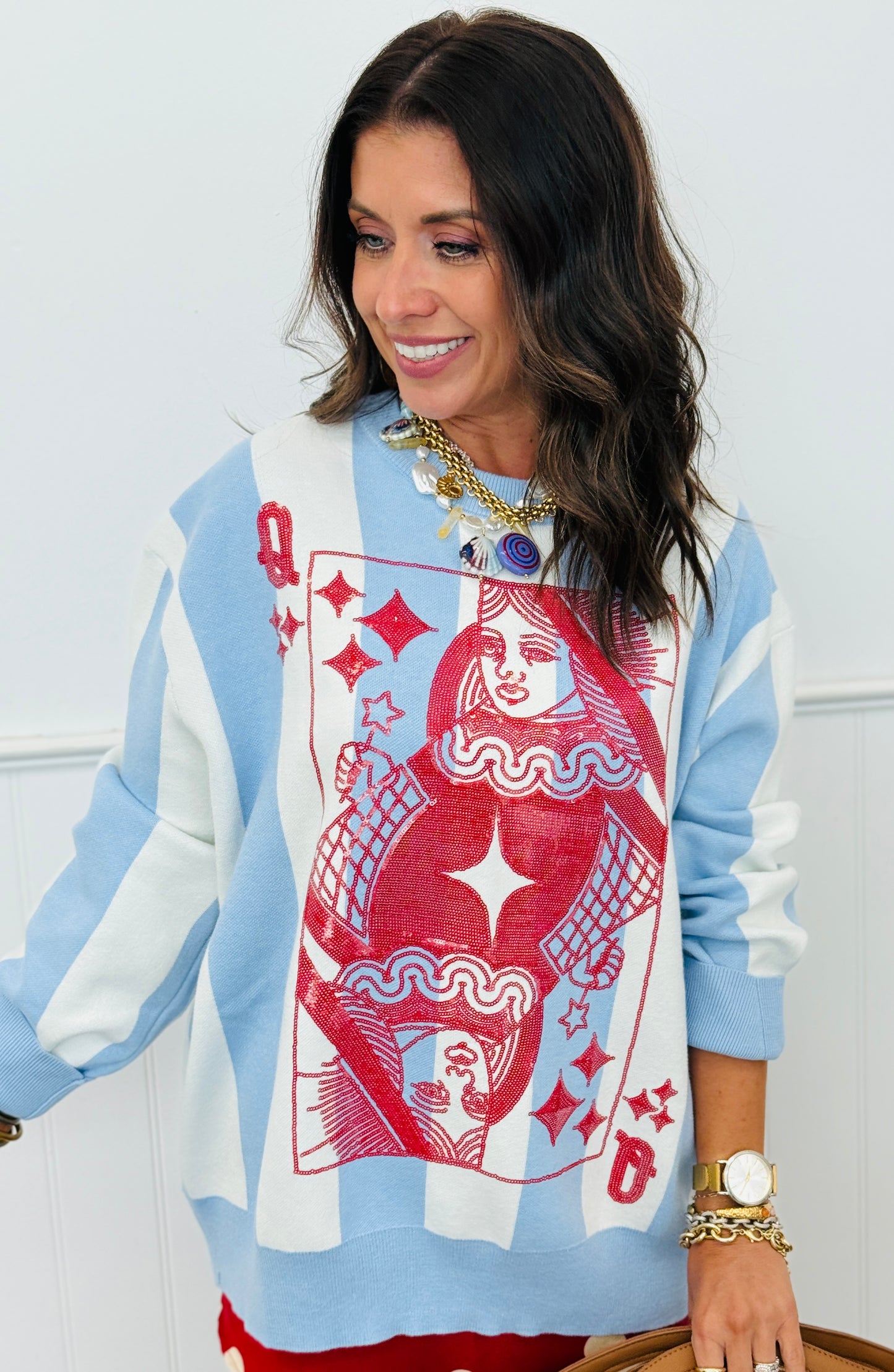 Queen Of Sparkles Blue, White & Red Striped Card Logo Sweater (Reg. & Plus)