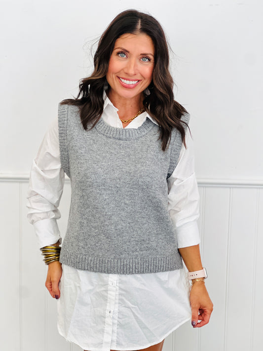 Grey/White Twofer Sweater Vest Top (Reg. and Plus)