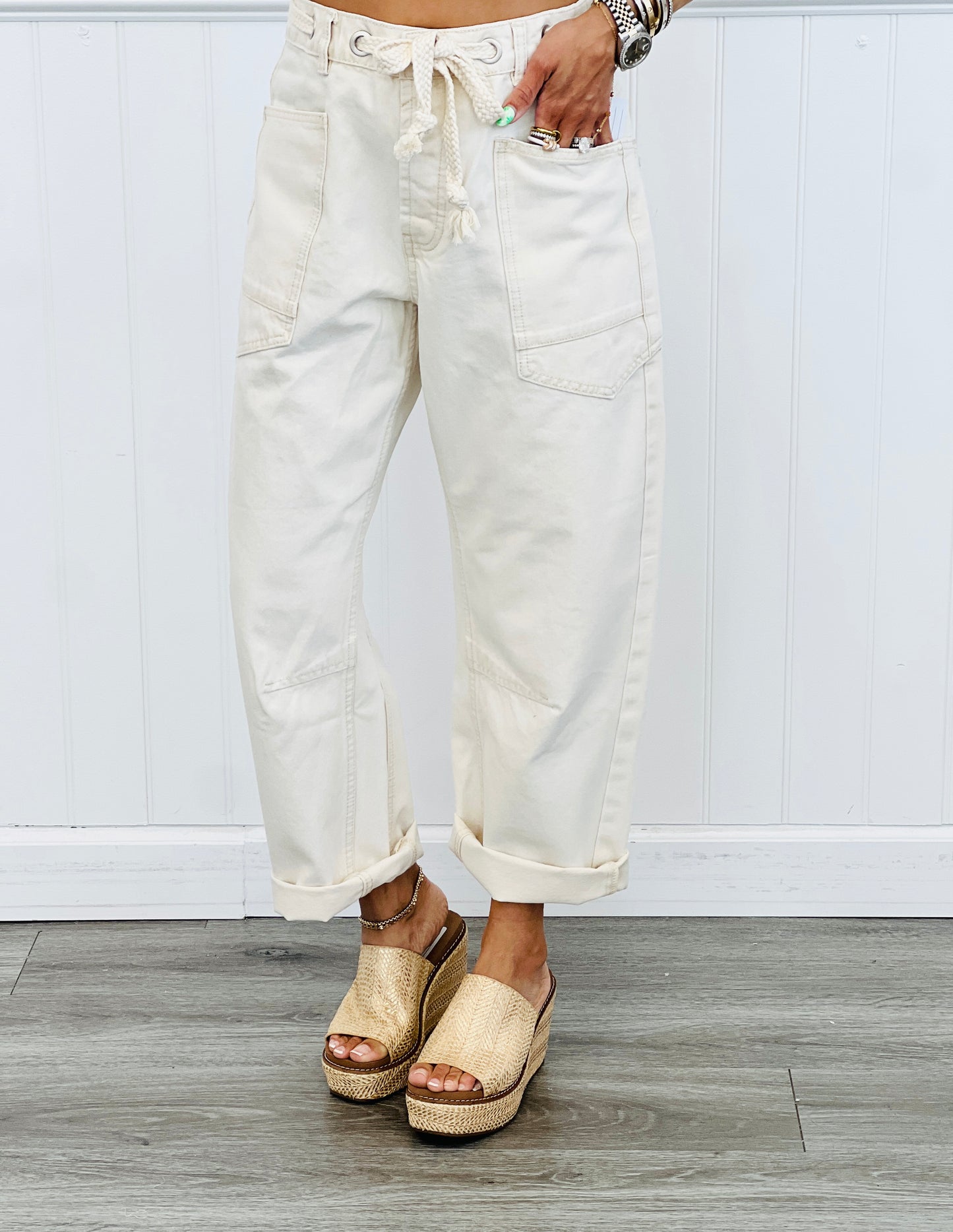 Cream Grommet Waist Denim Barrel Pants (Reg.)