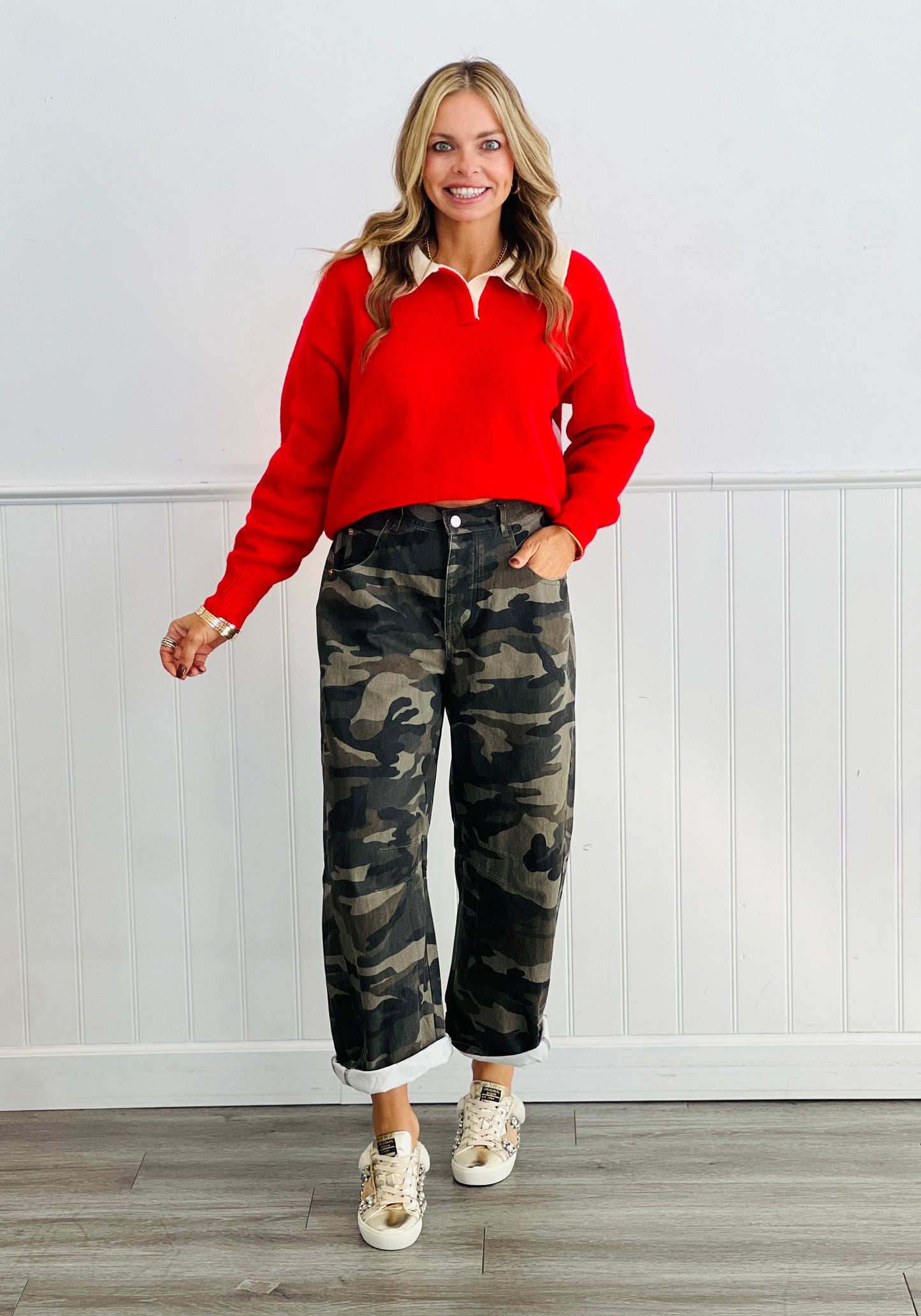 Red Contrast Collar Sweater Top (Reg. and Plus)