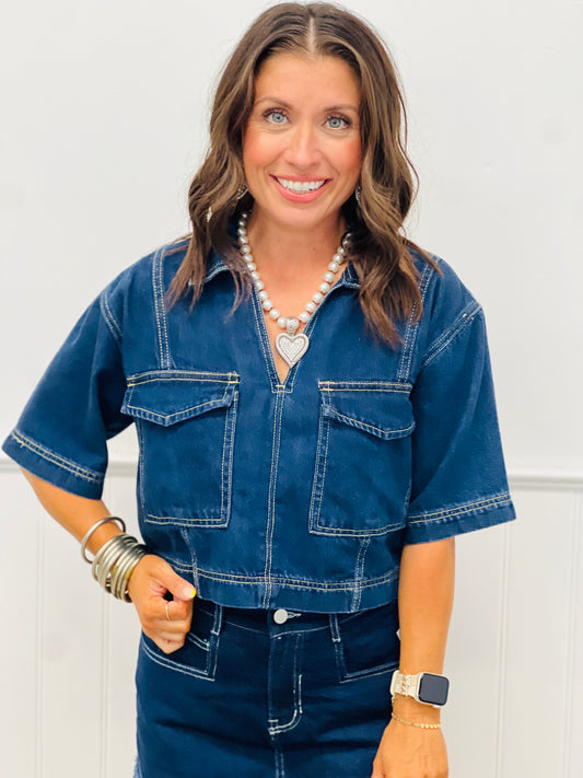 Denim V-Neck Short Sleeve Top (Reg.)