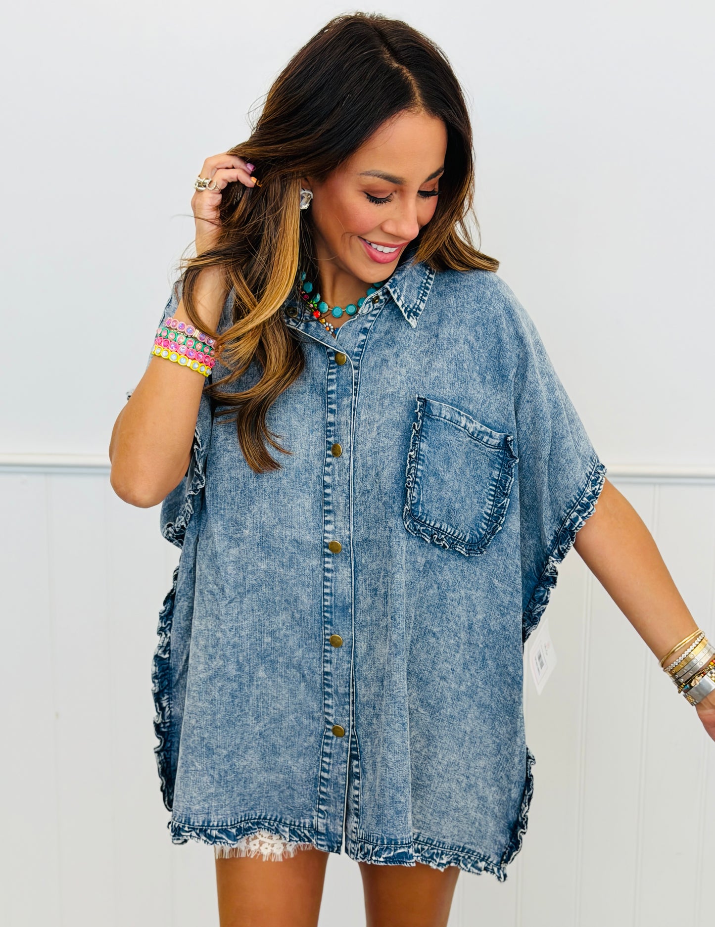 Washed Denim Ruffle Detail Button Up Shirt (Reg. and Plus)