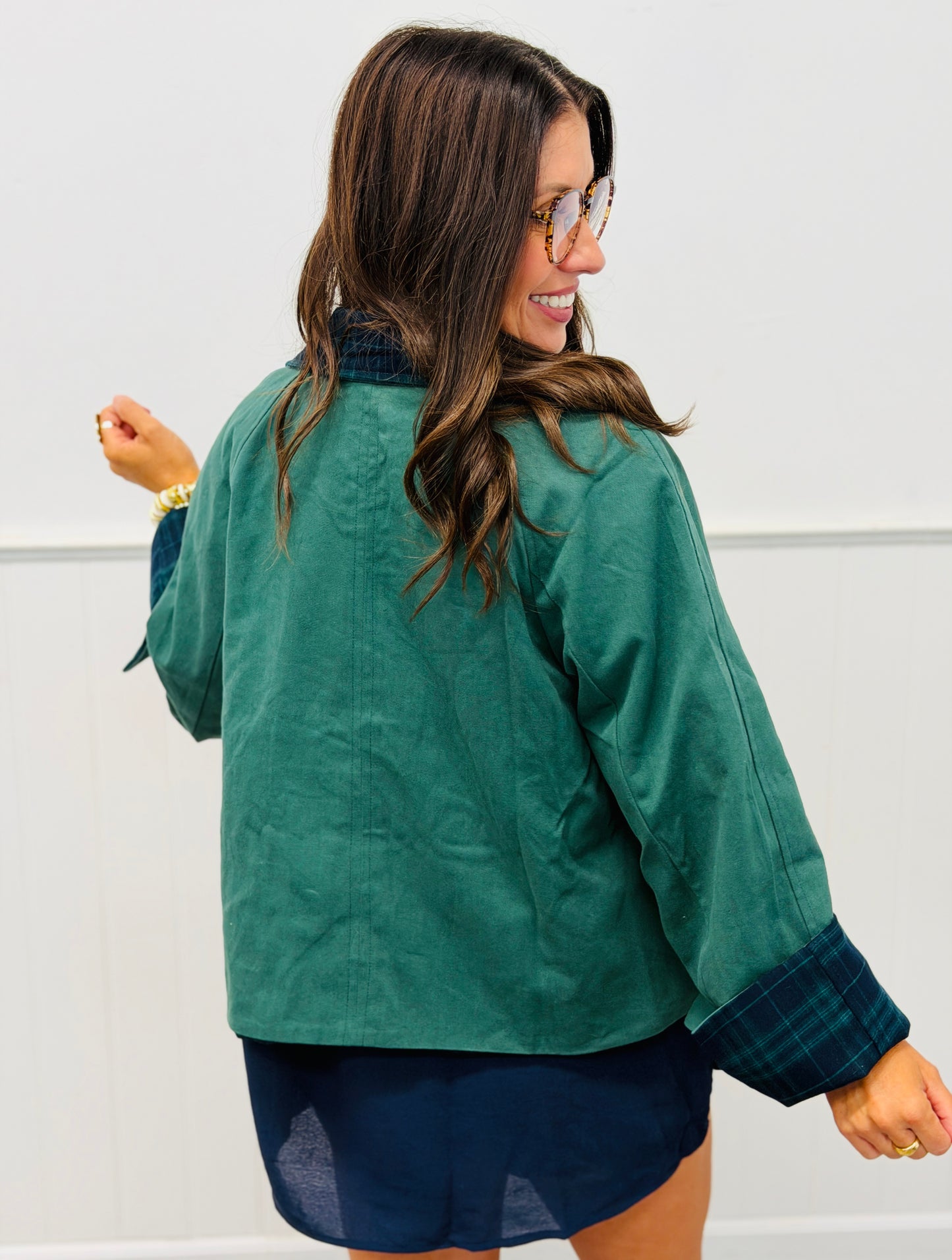 Hunter/Navy Reversible Crop Trench Jacket (Reg & Plus)