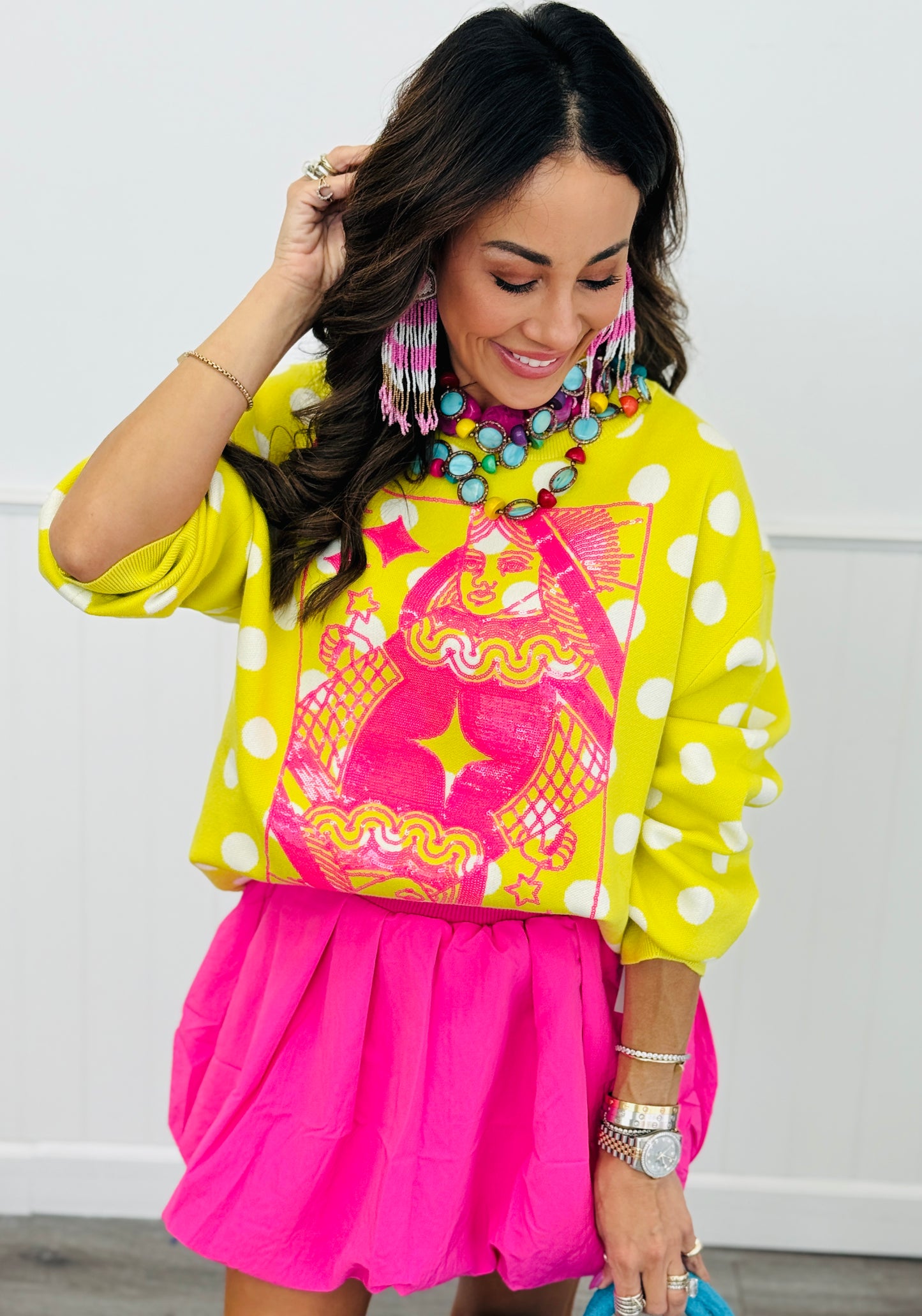 Queen Of Sparkles Lime Green & Pink Polka Dot Logo Sweater (Reg. & Plus)