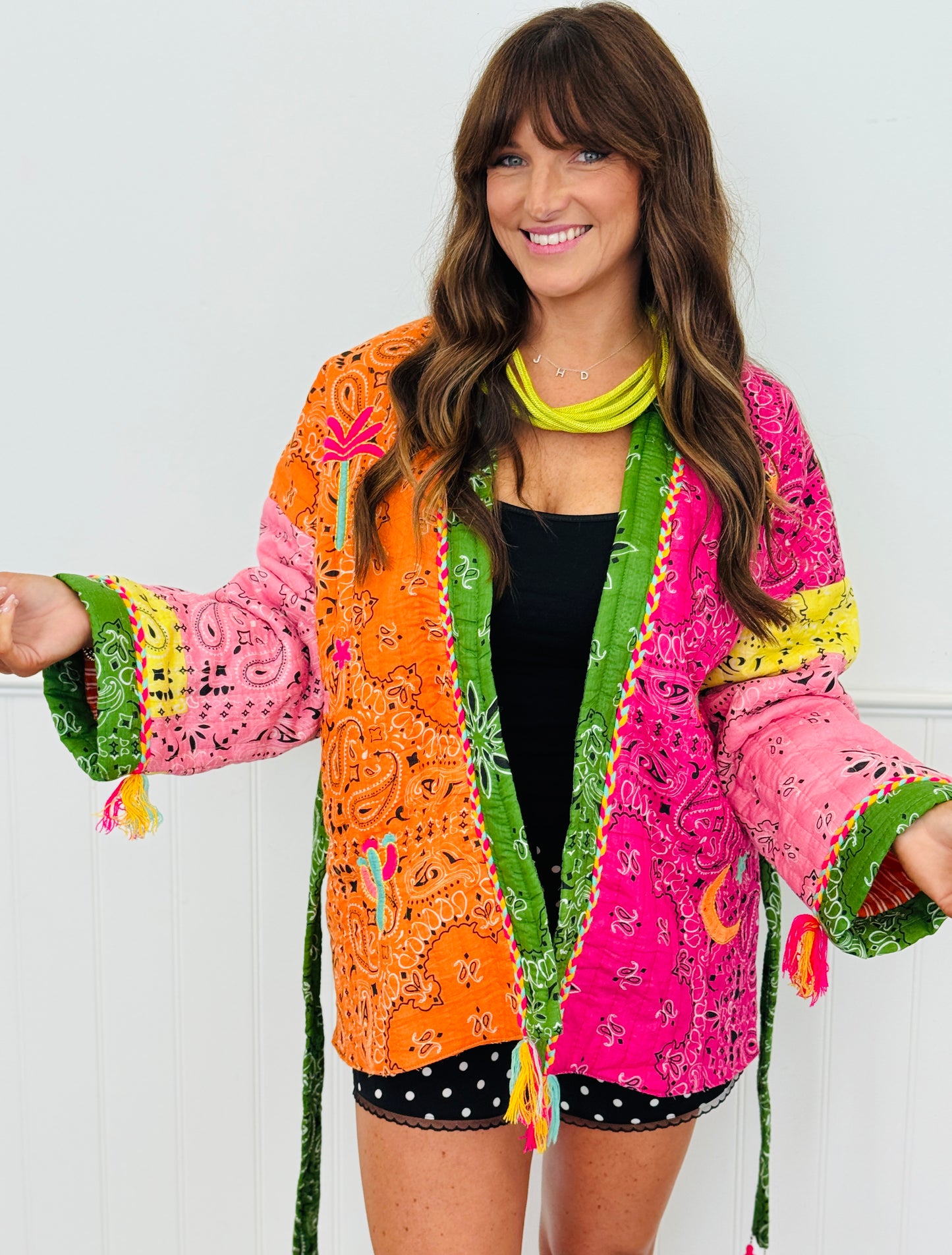 POL Green/Pink Multi Print Kimono Jacket (OS)