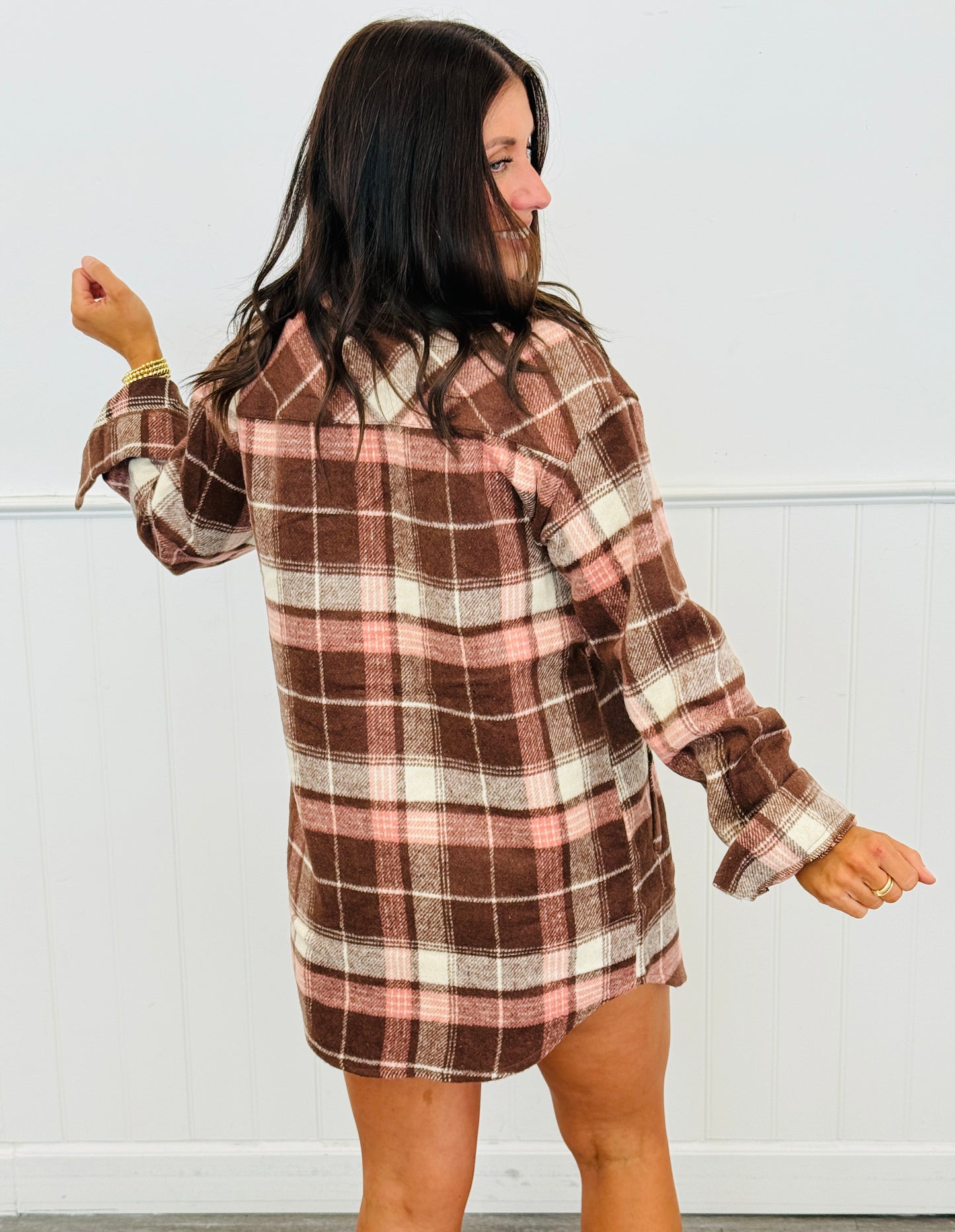Brown/Pink Plaid Button Down Shacket (Reg.)