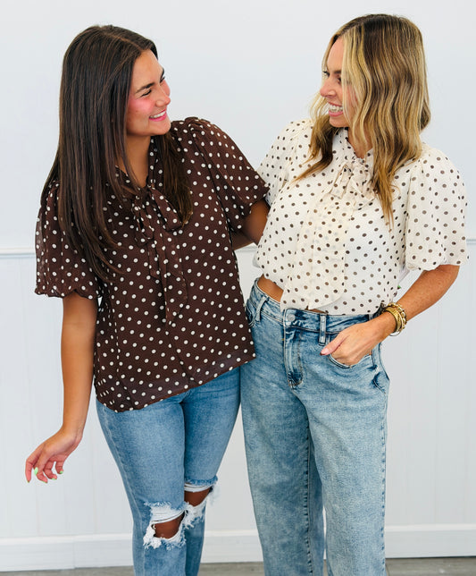 Polka Dot Bow Tie Neck Blouse (Reg & Plus) - 2 Colors