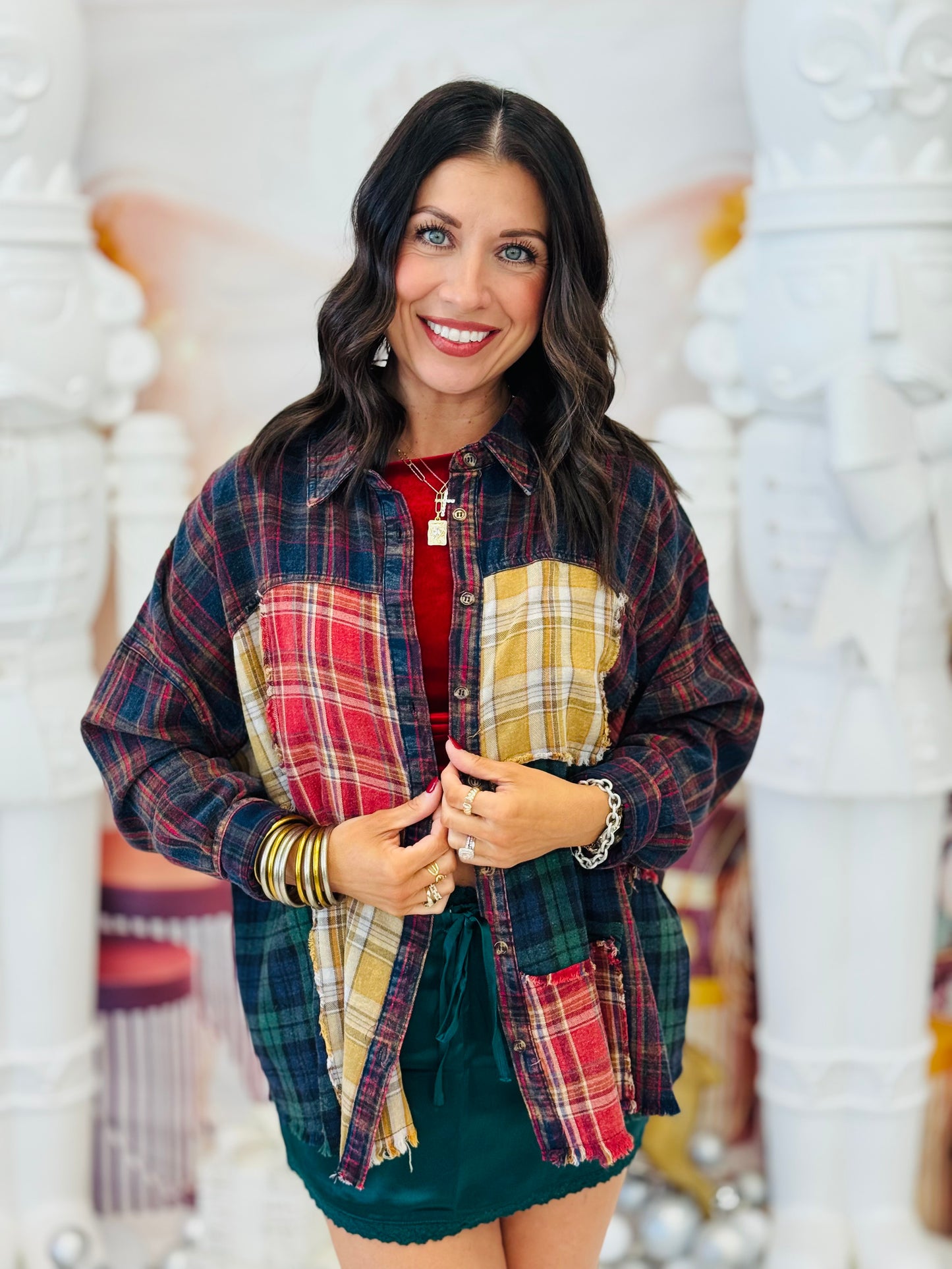 Plaid Patchwork Button Down Top (Reg. and Plus)