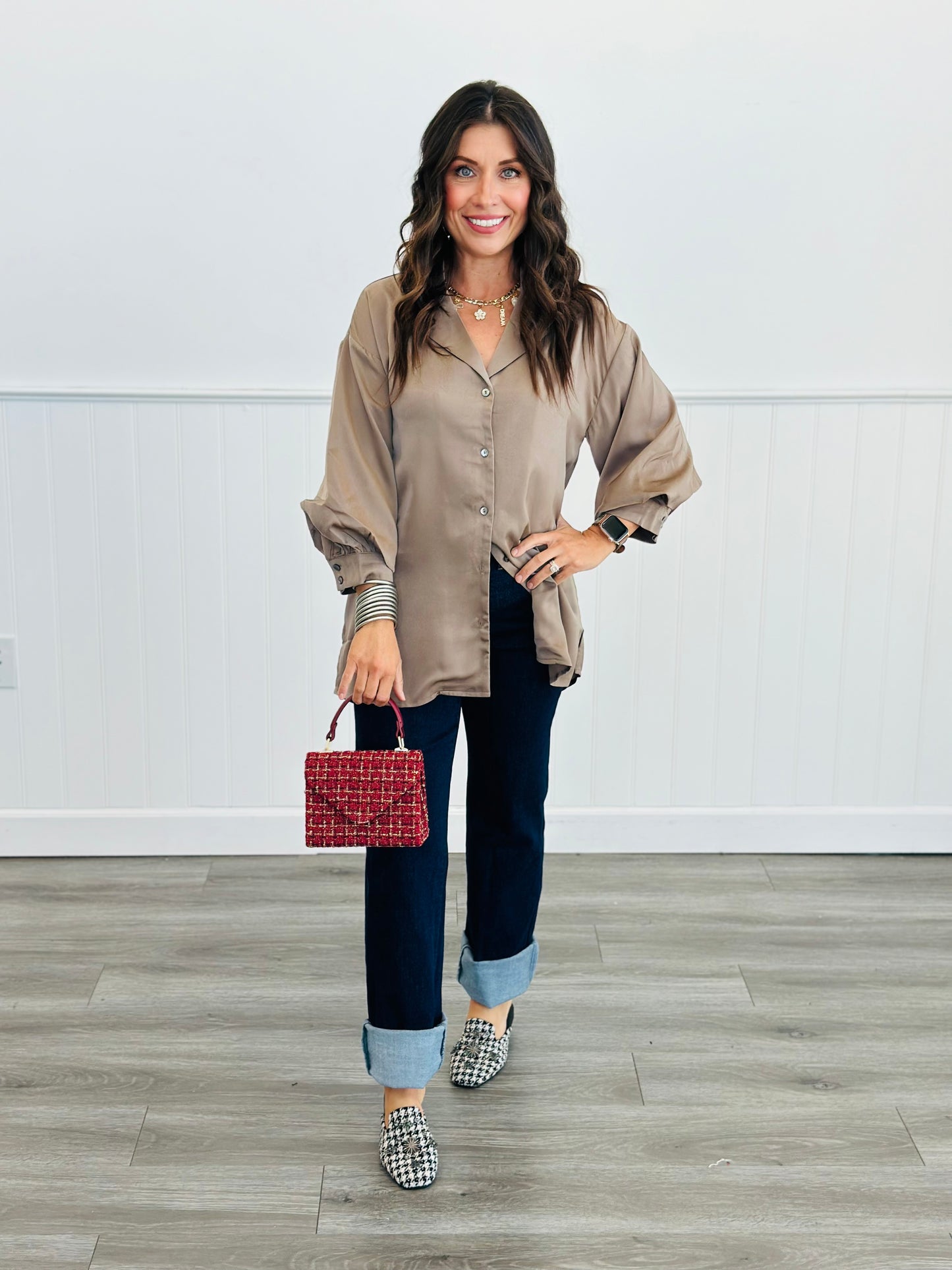 Satin Button Down 3/4 Sleeve Blouse (Reg.) - 2 Colors