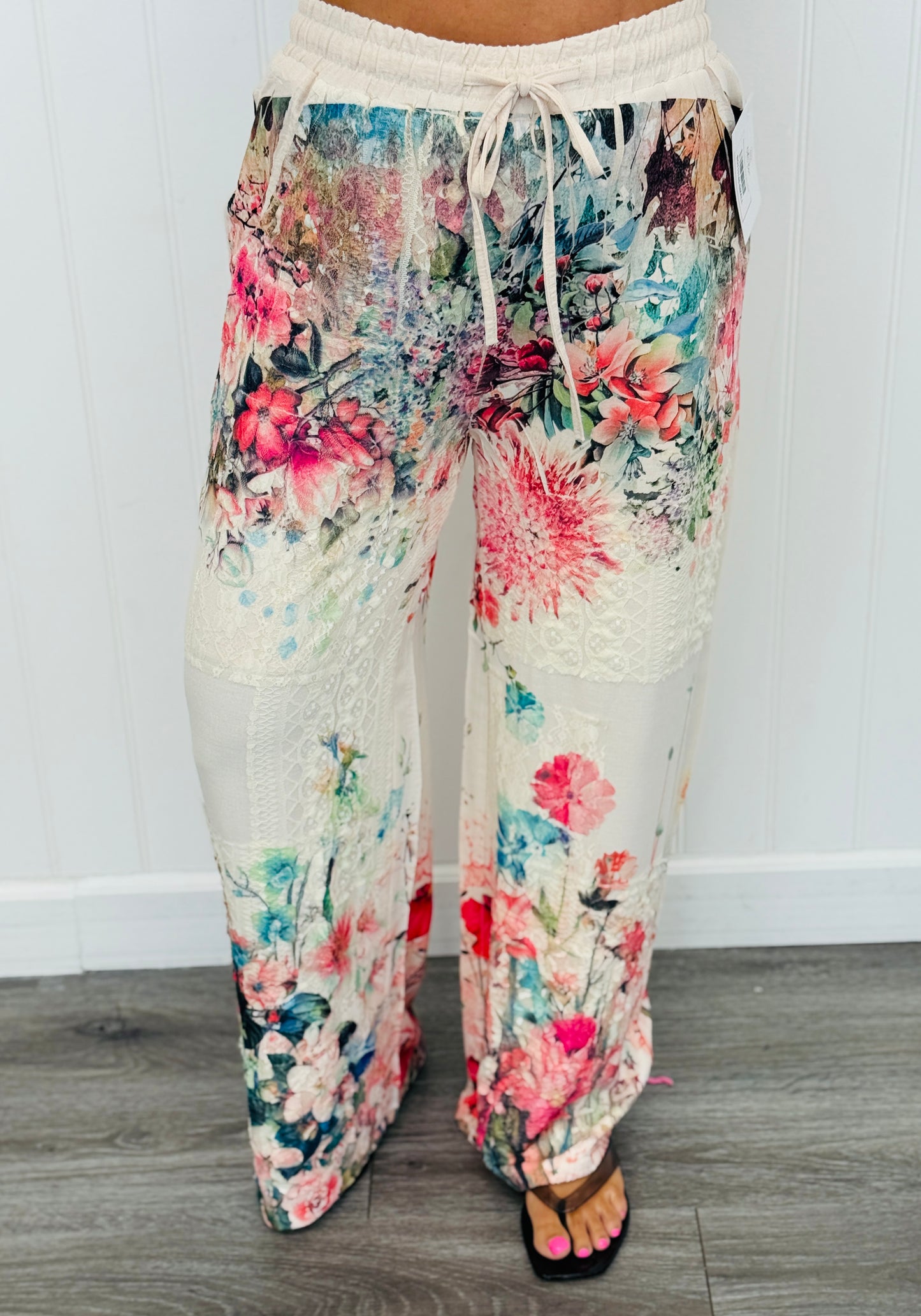 Beige Rose Drawstring Wide Leg Pants (Reg. and Plus)