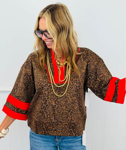 Brown Leopard Faux Suede  Half Zip Short Sleeve Top (Reg.)