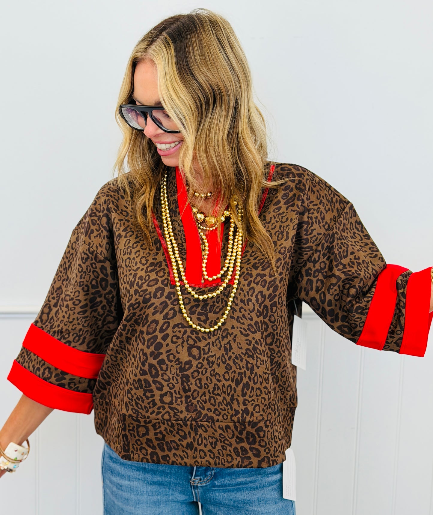 Brown Leopard Faux Suede  Half Zip Short Sleeve Top (Reg.)