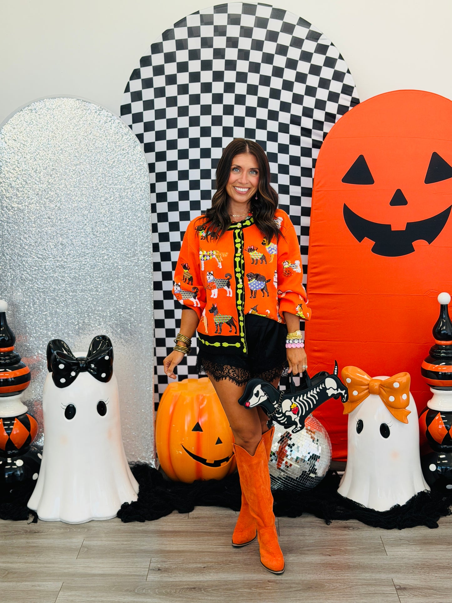 Queen Of Sparkles Orange Halloween Dogs Button Up Cardigan (Reg. and Plus)